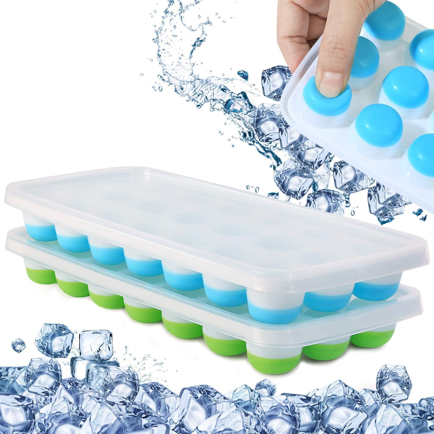 SUPRO 21 Cavity Pop Up Ice Cube Trays for Freezer with Lid with Easy Release Flexible Silicone Bottom, Stackable, 100% BPA Free, Food Grade for Freezer, Cocktail, Blue & Green (Pack of 2, Circular)