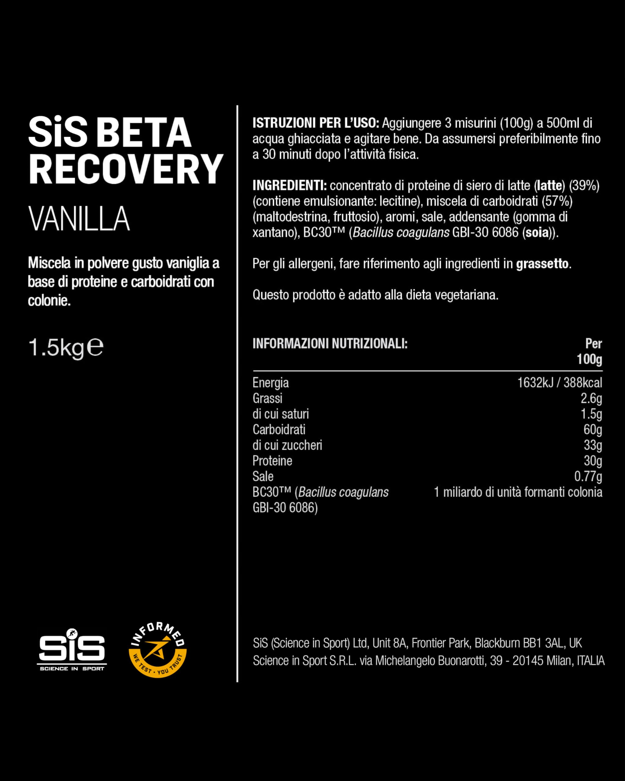 Science in Sport BETA Recovery Powder 1,5kg Vaniglia - Bevanda sportiva in polvere rigenerante con carboidrati e proteine in rapporto 2:1, Bevanda per il recupero post-allenamento