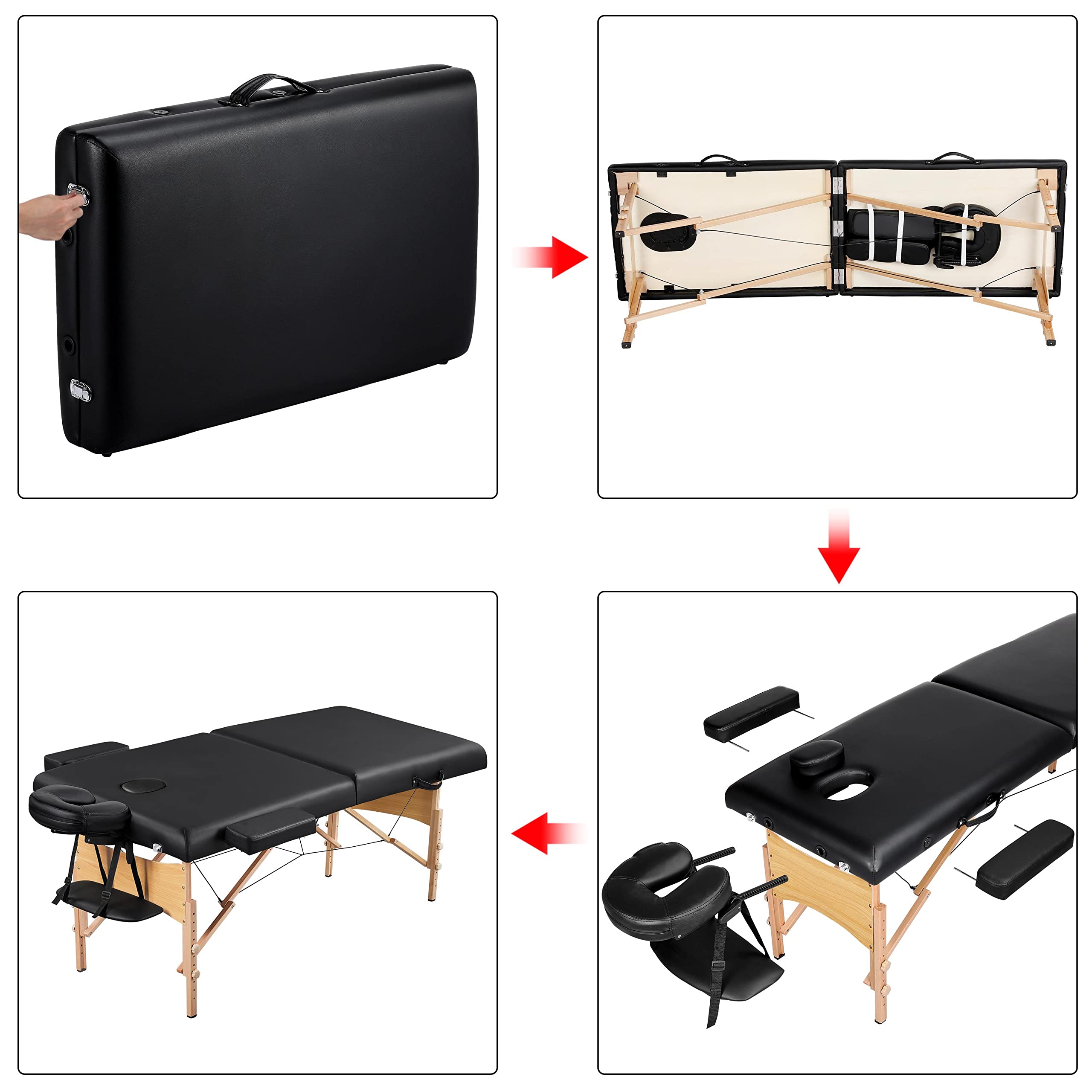 Yaheetech Massageliege Set 2 Zonen Massagebett mit Buchenholzbeinen klappbar Massagebank 70 cm Breit & Höheverstellbar Drehhocker Massagehocker