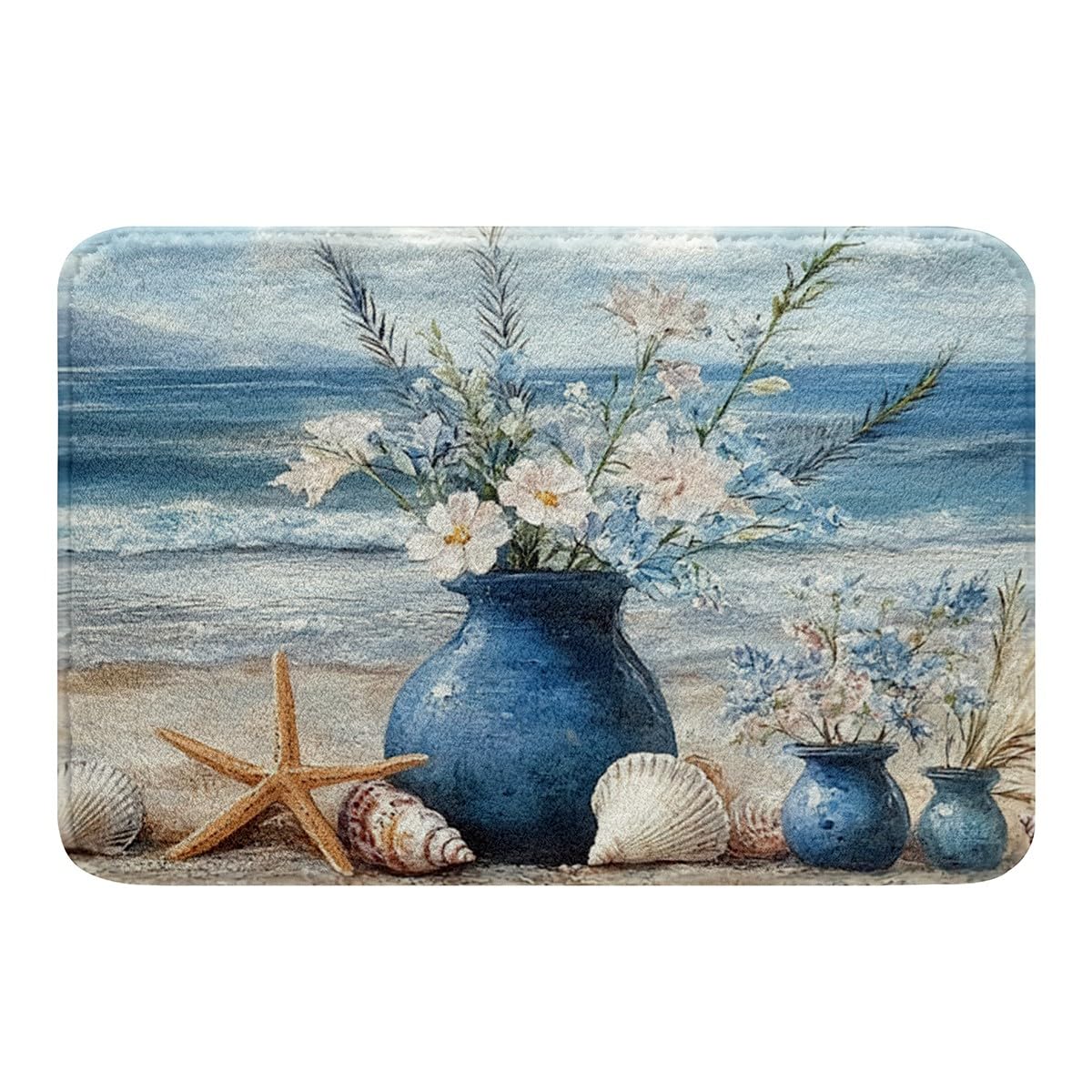 Erosebridal Coastal Beach Flower Bathroom Rug Set,Blue Ocean Sea Floral Bath Mat for Kids Girls Boys,Starfish Conch Seashell Bath Rug Vintage Flowers