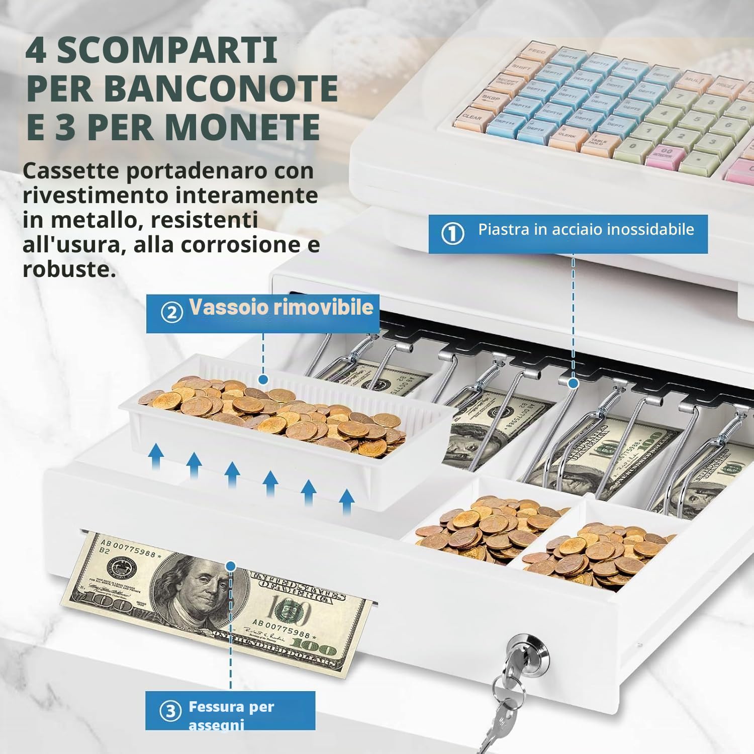 MABAOHENG Registratore di cassa elettronico Sistema di inglese, Cassa per il commercio LED display clienti con cassetto contanti, 3 rotoli di stampa termica da 58 mm, Sistema di cassa al dettaglio