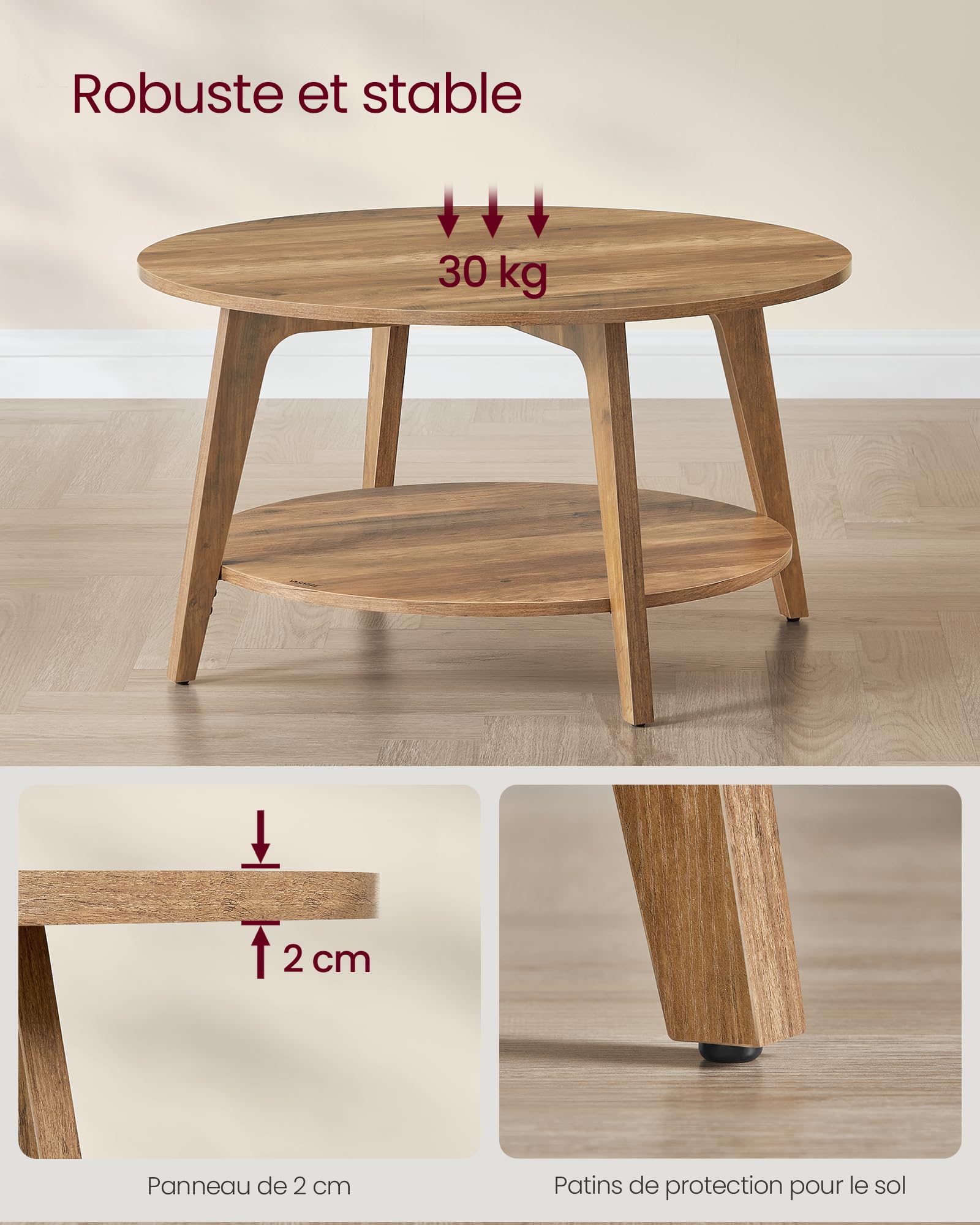 VASAGLE MAEZO Collection - Table Basse Ronde, Table de Salon à 2 Niveaux, pour Salon, 80 x 45 cm (Ø x H), Assemblage Facile, Marron Miel LCT243K41V1