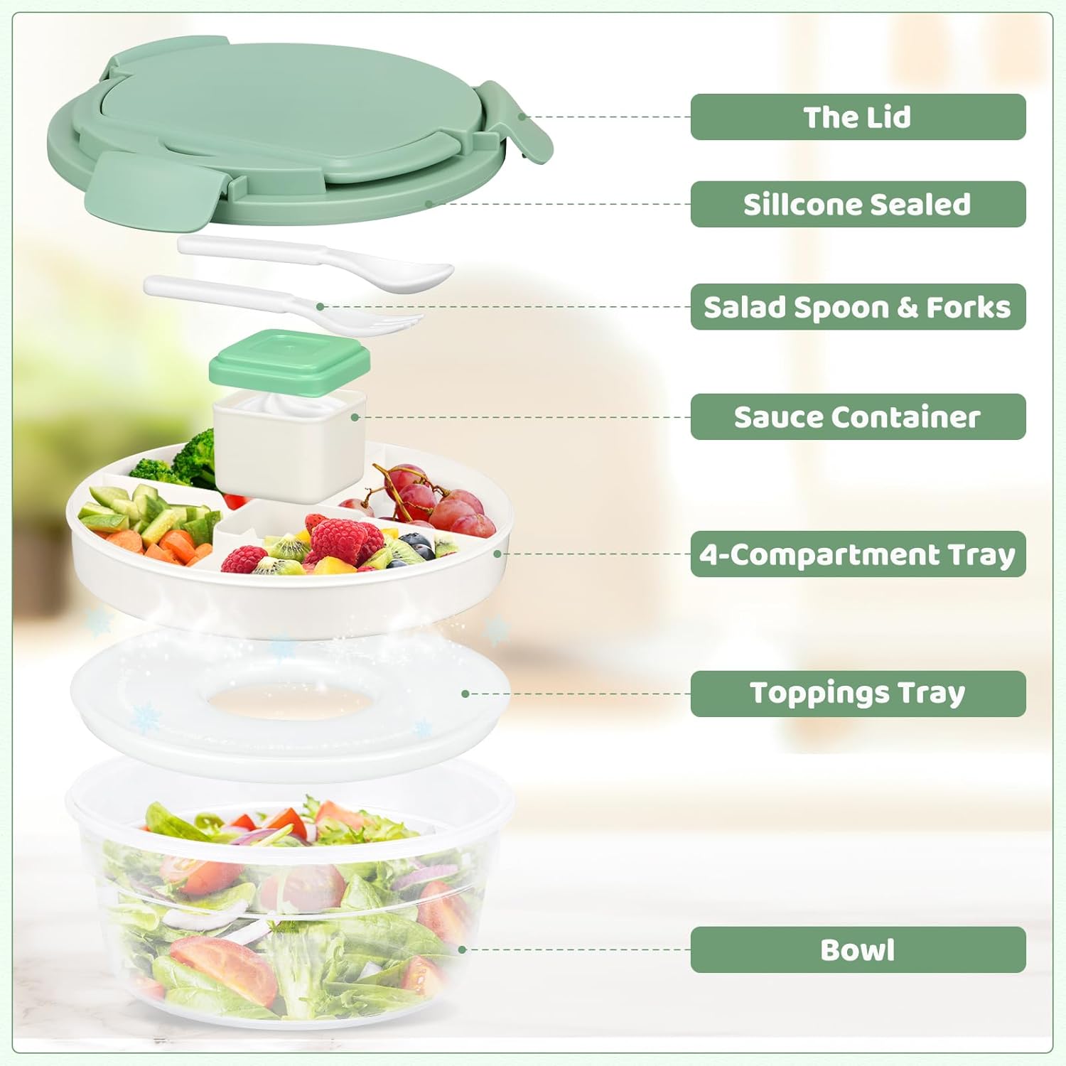 JSLOVE Salad Container for Lunch 58oz, Bento Box Adult with 4 Compartments, Leakproof Large BPA-Free Bento Bowl with Lid for Adults - with Ice Pack & Dressing Cup for Meal Prep, Work, School - Image 2