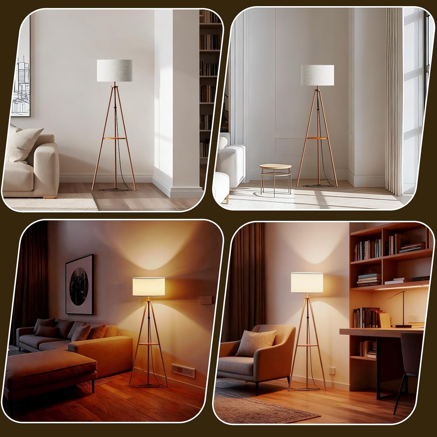 Tripod Floor Lamp with Shelves, RGBW Color Changing LED Bulb Included, Remote & App Control, Mid Century Modern Standing Light, E26 Base,Boho Copper Finish for Living Room, Bedroom, Office