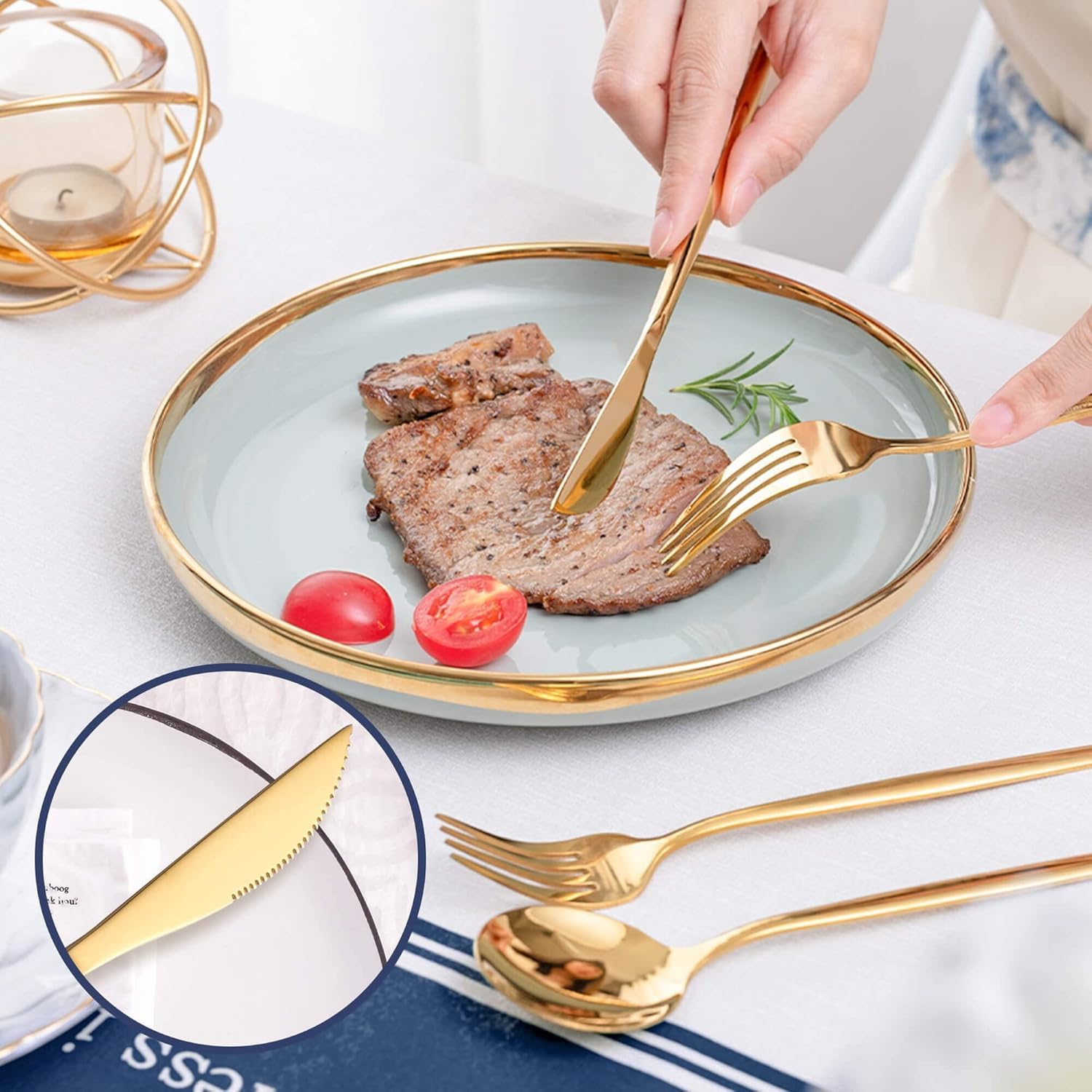 FS COOL Stainless Steel Flatware Steak Knives, Gold Butter Spreader Knife, Mirror Polished Cutlery Knifes for Kitchen & Dining, Dinnerware Dinner Knives, Dinner Knifes (DinnerKnife, Set of 12) 4