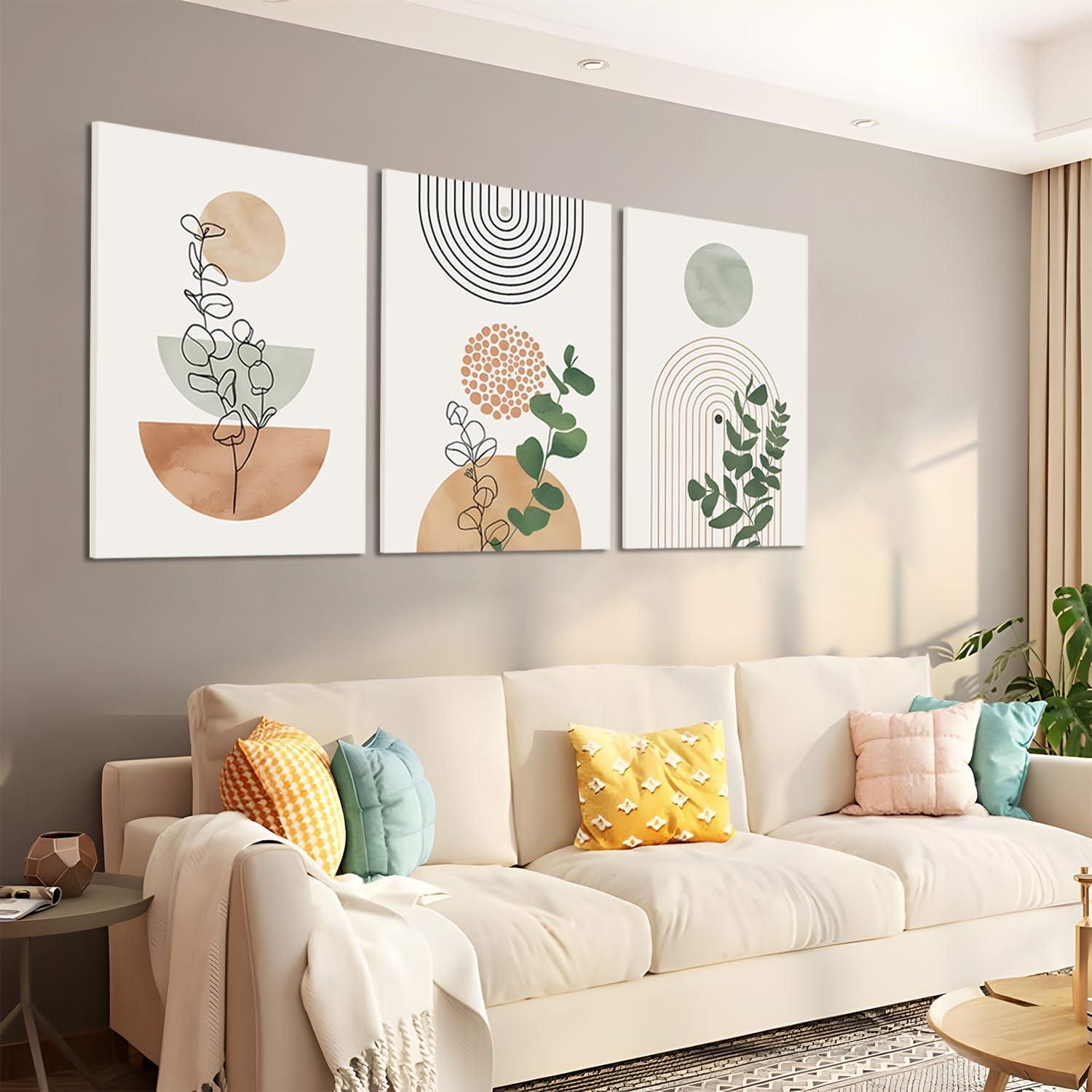 Set Di 3 Quadri Su Tela CHDITB Stile Bohémien Verde – Stampe Astratte Geometriche Con Foglie E Motivi Solari – Decorazione Da Parete 30x40 Cm Per Soggiorno E Camera Da Letto - 3