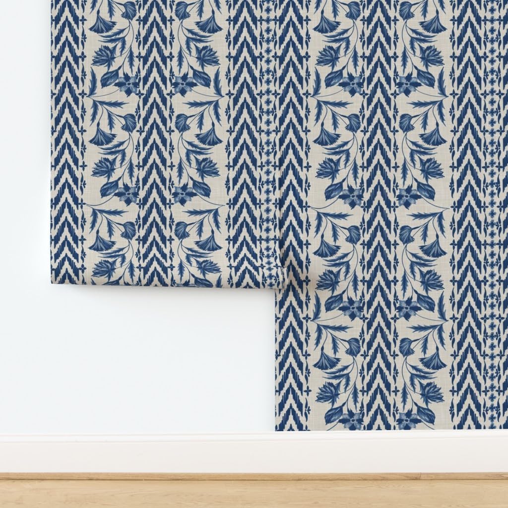 Peel & Stick Wallpaper Swatch - Folk Floral Stripe Large Scale Blue Tan Chintz Flowers Custom Removable Wallpaper by Spoonflower