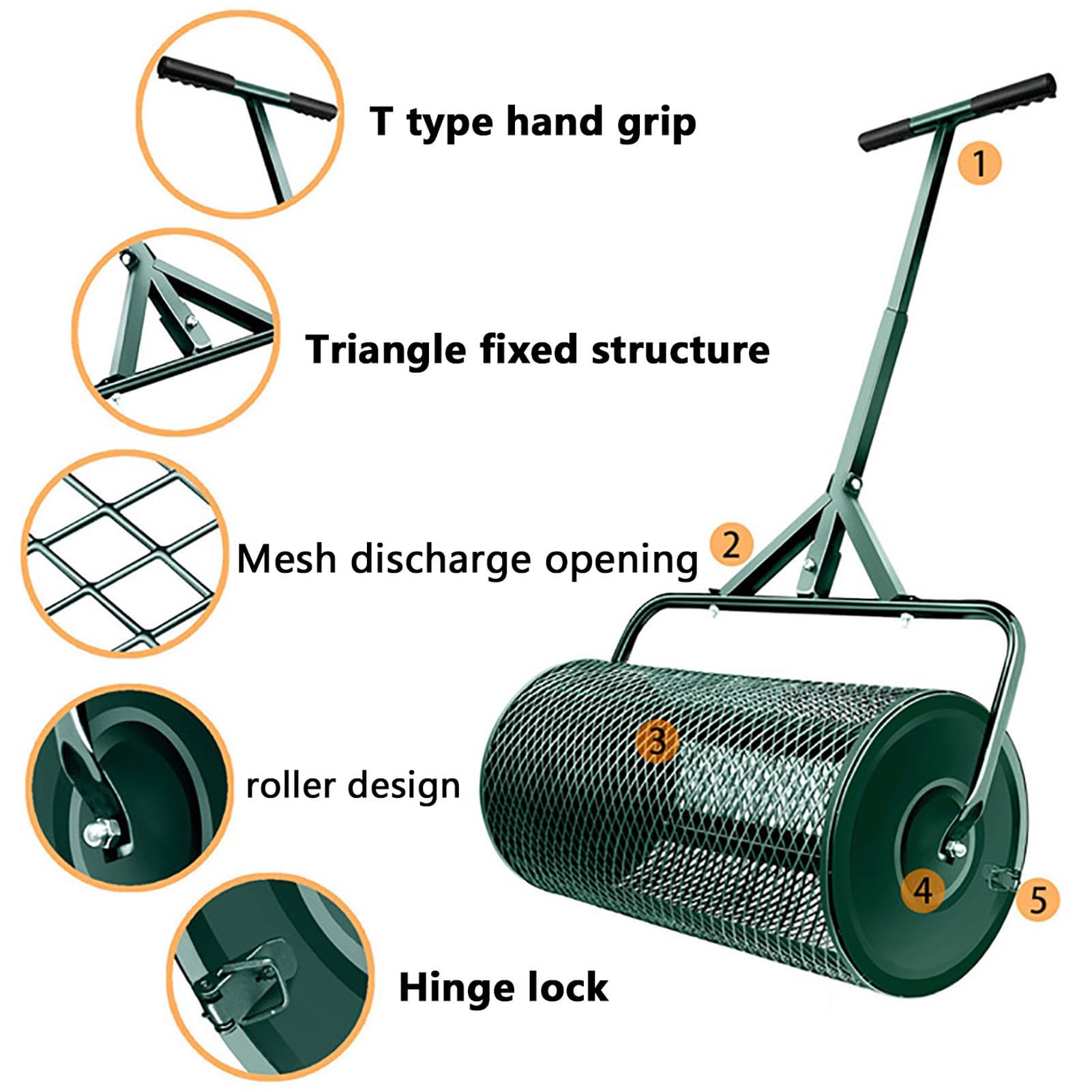 Esparcidor de abono de 61 cm con mango ajustable en forma de T para césped y jardín, estiércol y tierra vegetal, herramienta eficiente de patio para una fácil aplicación