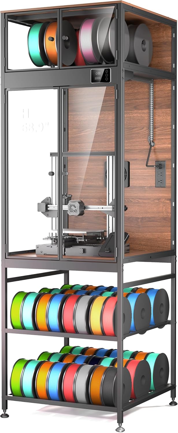 3D Printer Cabinet with 48 Spools Filament Storage Rack, 3D Printer Enclosure with Ventilation, Thermo-Hygrometer and LED Light, Heat-Resistant, Dustproof and Noise-Reduction Design, Upgraded