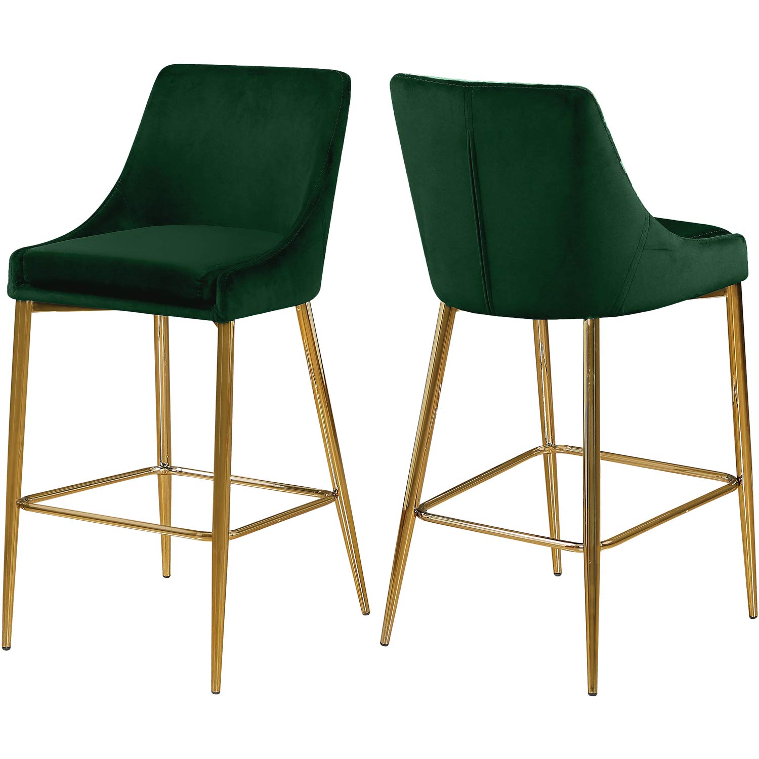 Meridian Furniture Karina Collection Modern | Contemporary Velvet Upholstered Counter Stool with Polished Gold Metal Legs and Foot Rest, Set of 2, Green