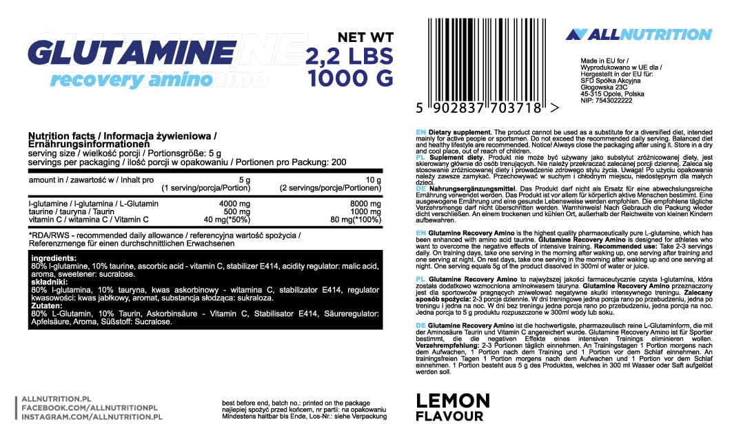 ALLNUTRITION Glutamina Recovery Amino Nahrungsergänzungsmittel - Reines L-Glutamin - Angereichert mit Taurin und Vitamin C - Muskelaufbau - für Profis und Amateure - 1000g - Lemon