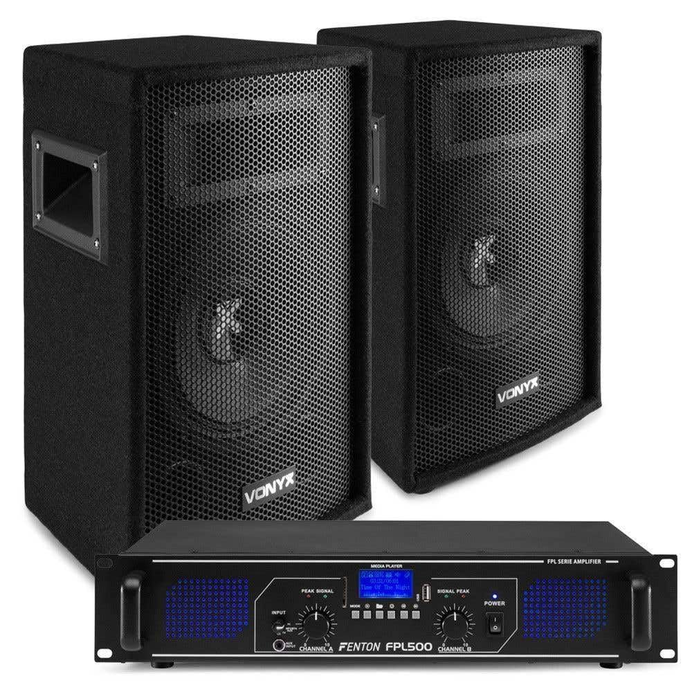 Vonyx Bluetooth Soundsystem, Lautsprecher Set mit 2X 8-Lautsprechern (Vonyx SL8) + Bluetooth-Verstärker (Fenton FPL500) - sofort einsatzbereit, einschließlich Kabel!