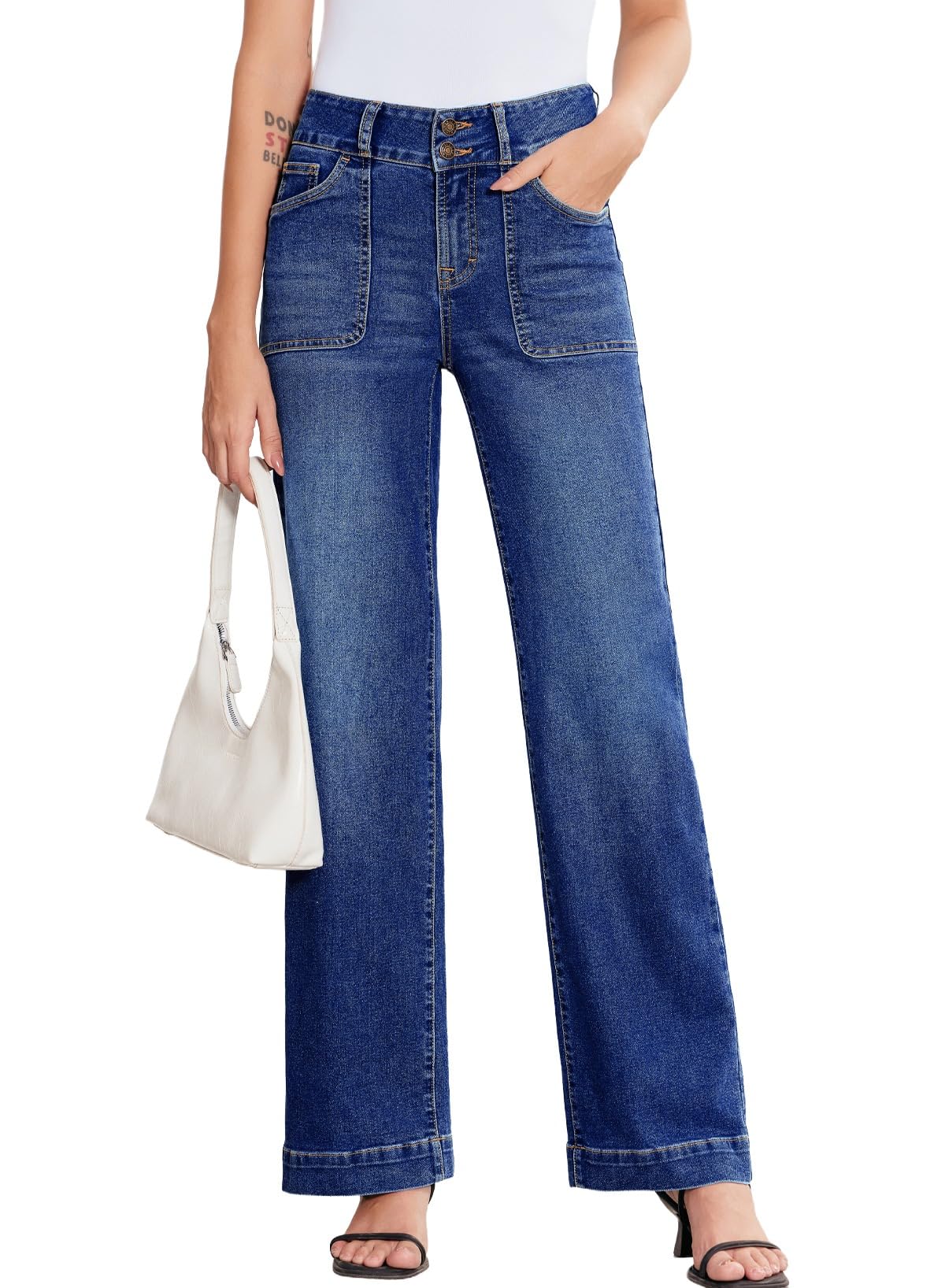 Sidefeel Women's Wide Leg Jeans High Waisted Stretchy Tummy Control Straight Leg Denim Pants