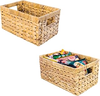 Water Hyacinth Storage Baskets, Wicker Storage Basket with Handles, Woven Baskets for Storage, Pantry Storage Baskets for Kitchen Organizers and Storage Pantry (Medium 2 Packs 12.5 X 8 X 6.5)