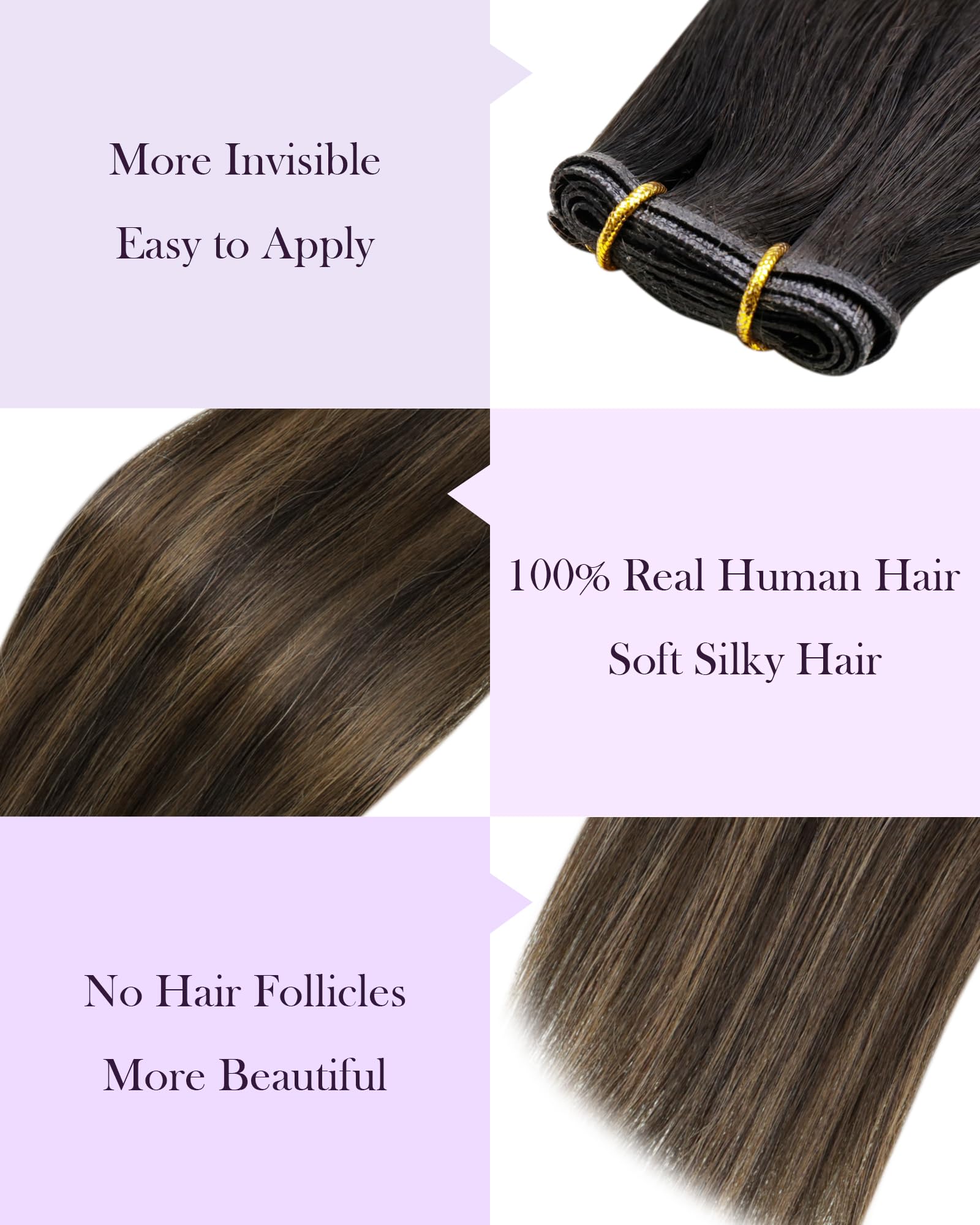 LaaVoo Invisible Weft Hair Extensions Real Human Hair 20 Inch 60g Balayage Darkest Brown to Light Brown Undetectable Double Weft Weave Remy Extensions #2/8/2 - Image 4