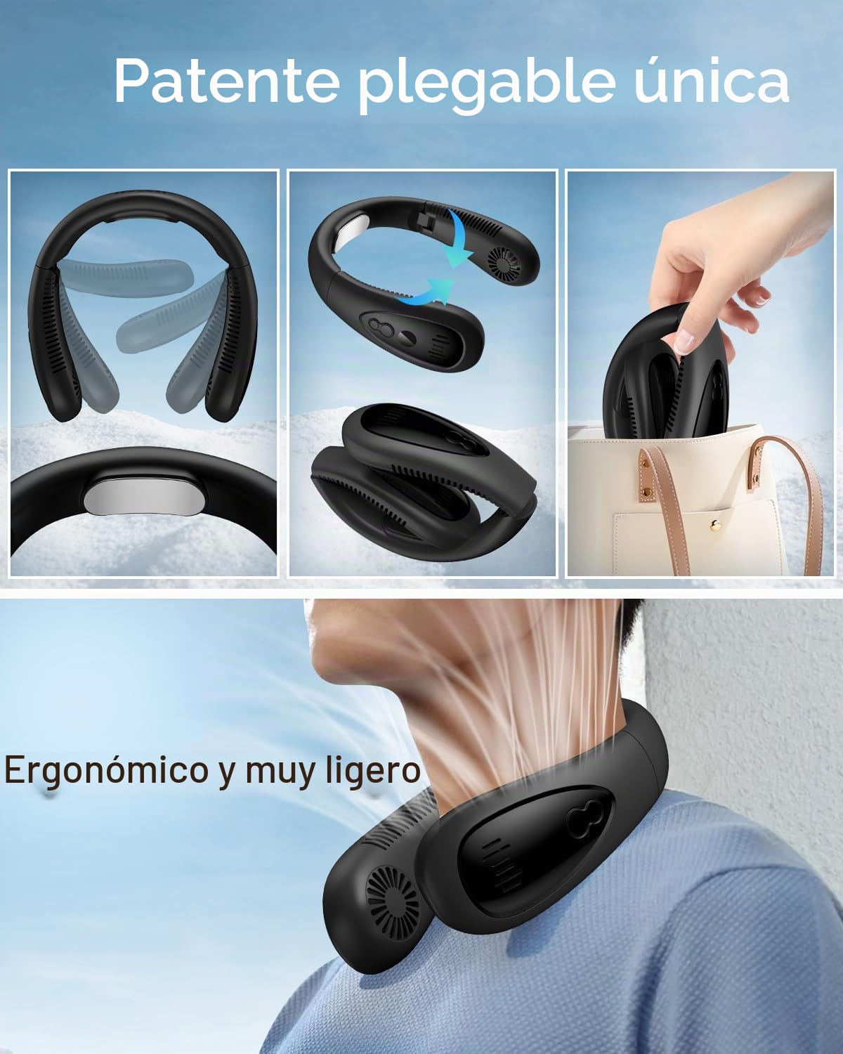 Aire acondicionado para el cuello, ventilador portátil para el cuello con placa de refrigeración, flujo de aire de refrigeración de 360°, ventilador USB recargable de 5000 mAh, manos libres, sin aspas