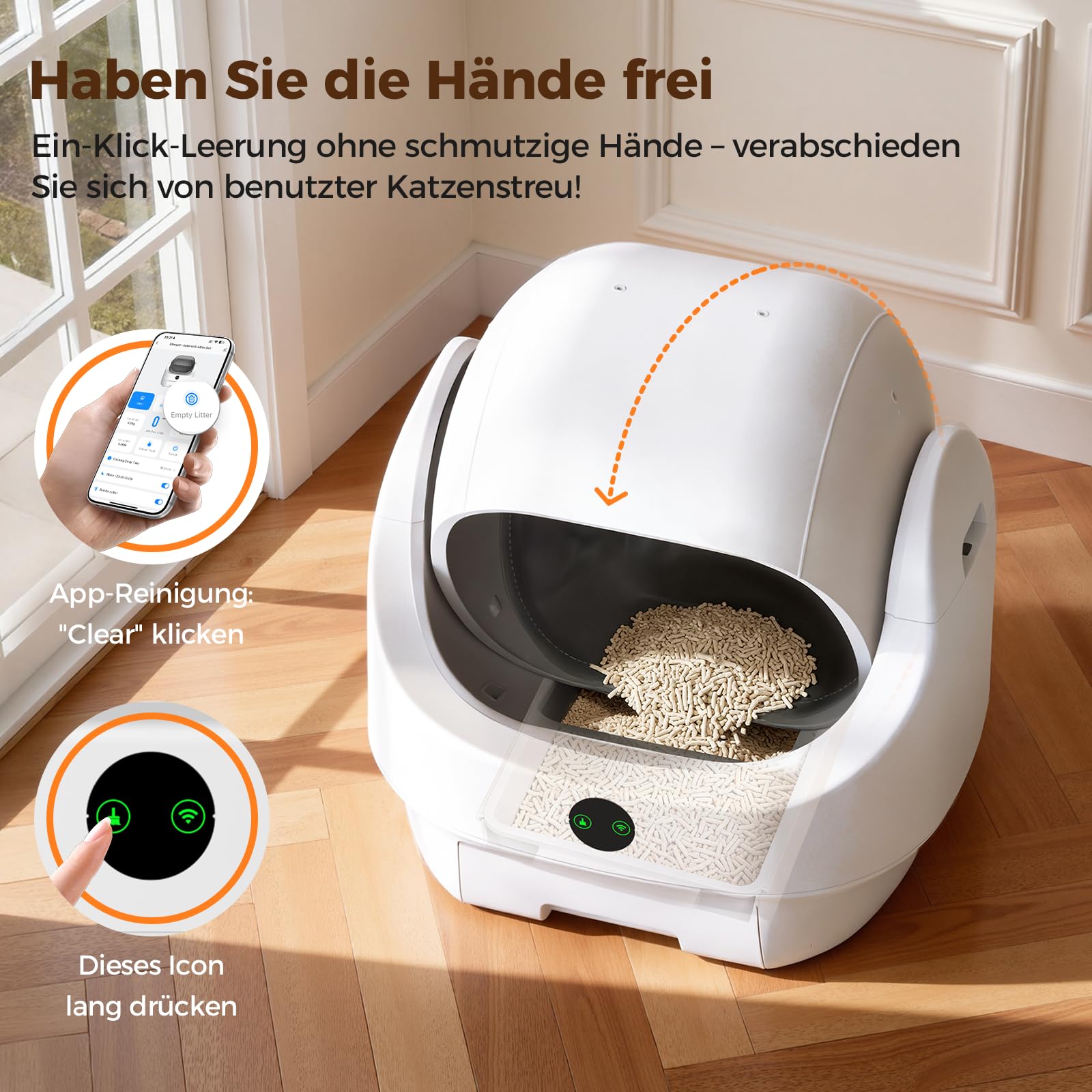Katzenklo Selbstreinigend Offen, Ellenpent Elektrische Katzentoilette für Große Katzen mit Geruchskontrolle - App-Steuerung & Sensoren Katzenklo Automatische Reinigung