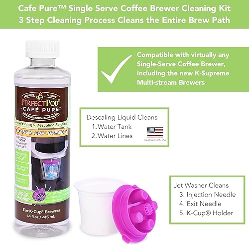 Miniatura 3 de PERFECT POD Cafe Pure Kit de limpieza con solución de descalcificación con lavadora a chorro  Compatible con cafeteras Keurig, botella de 14 onzas