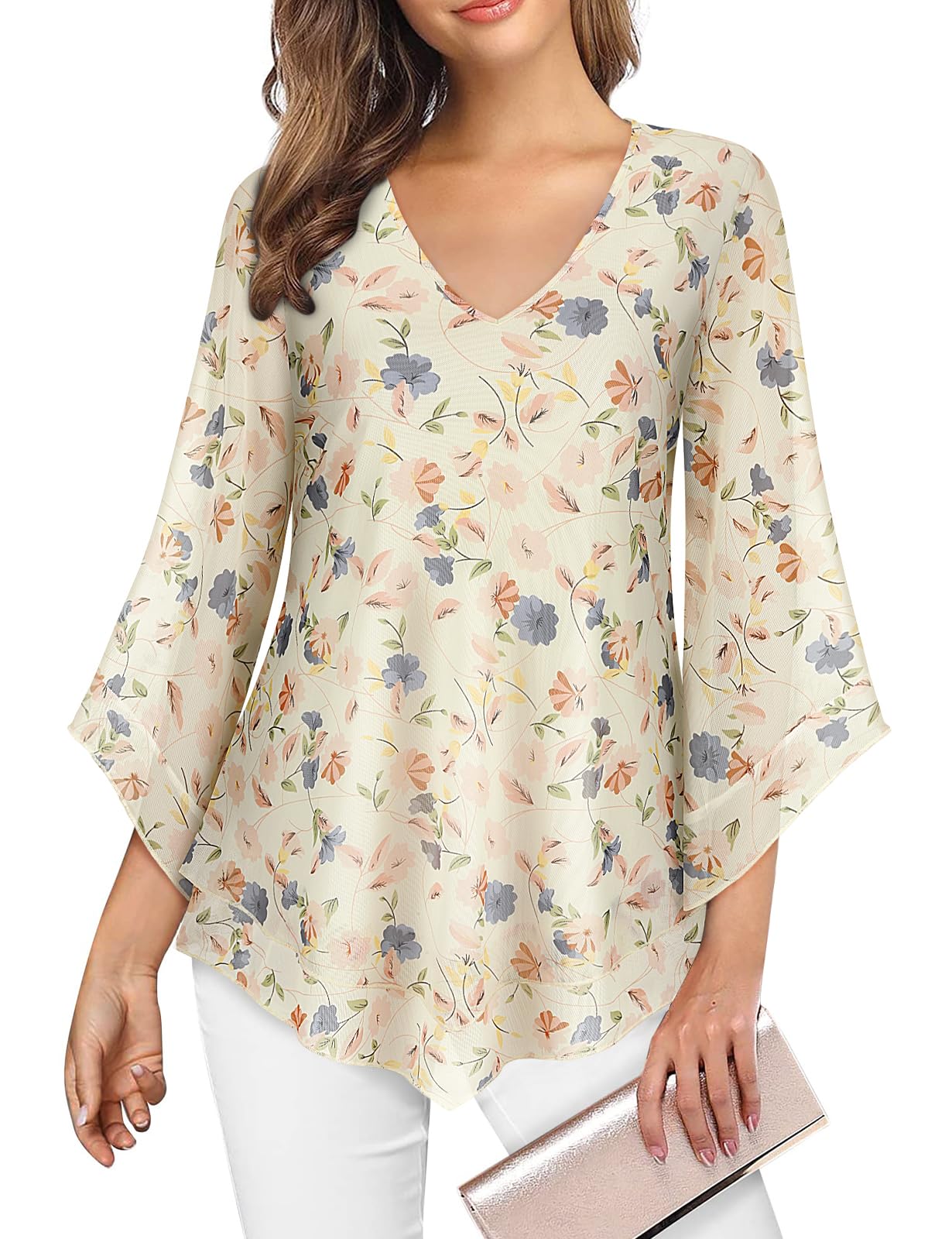 Viracy Womens Dressy Blouse V Neck Double Layers Elastic Mesh Casual Flowy Work Shirts Ruffle 3/4 Flared Sleeve Tunic Tops