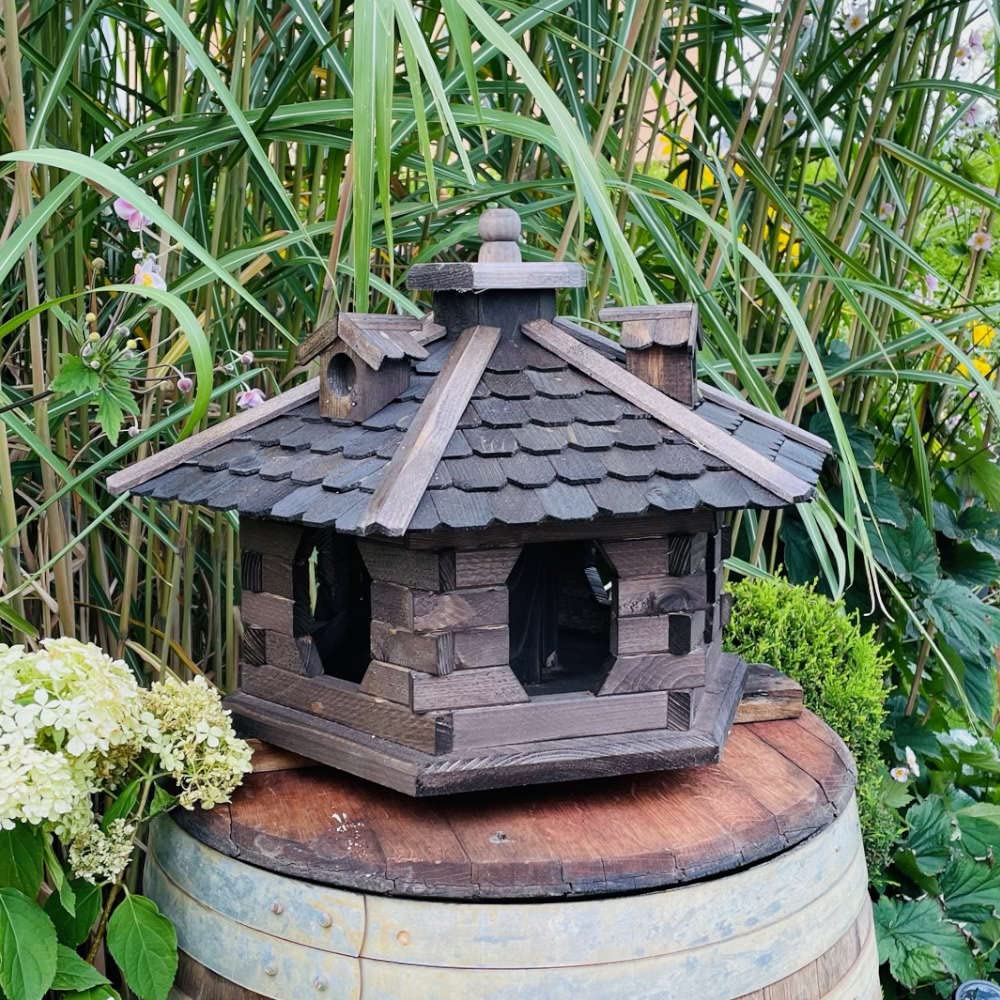 Comedero para pájaros, tamaño XL, diámetro de 600 mm, hexagonal, de madera, color marrón oscuro