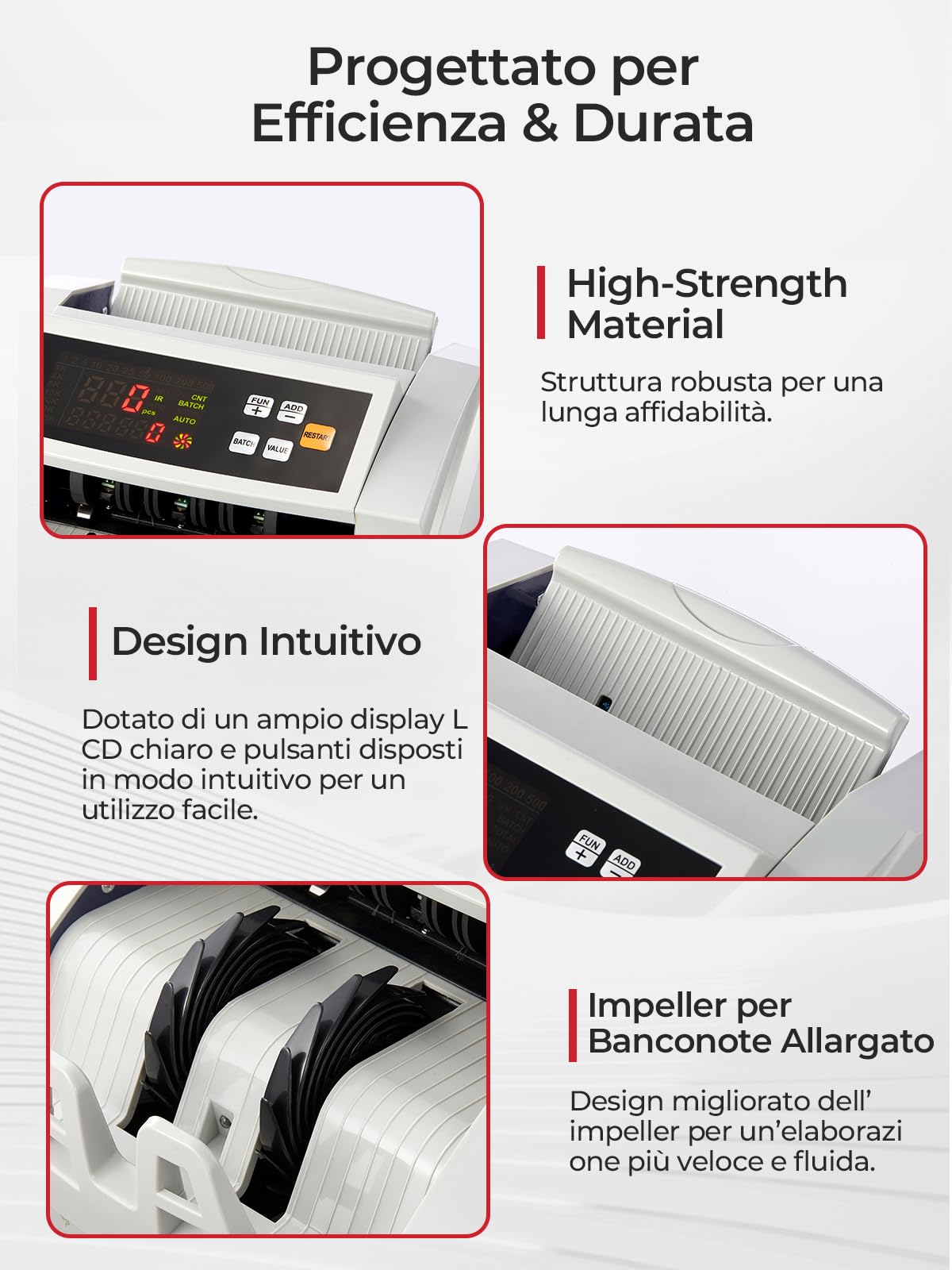 FOHERE Macchina conta Banconote, Macchina conta Soldi Professionale con Rilevamento Falsi UV/MG/IR/DD, 1100 Banconote al Minuto, Display LCD, Modalità Valore e Lotto per Negozi, Banche e Ristoranti