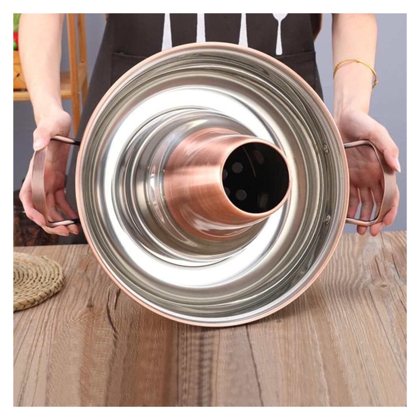 Pentola calda cinese in rame per fonduta, stile vintage shabu shabu, con manico, in acciaio inox, per zuppa cinese, pentola da cucina per casa, feste, ristorante, bronzo, rosso, rame, 28 cm