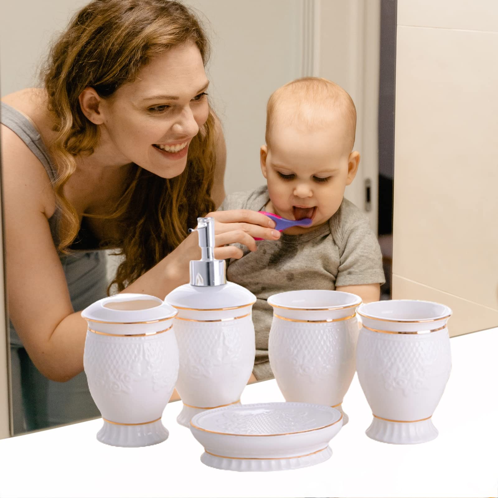 Juego de dispensador de jabón para baño, 5 Piezas, Accesorios Modernos para decoración de baño. Juego de Porta cepillos de Dientes para baño,Blanco,5 pcs