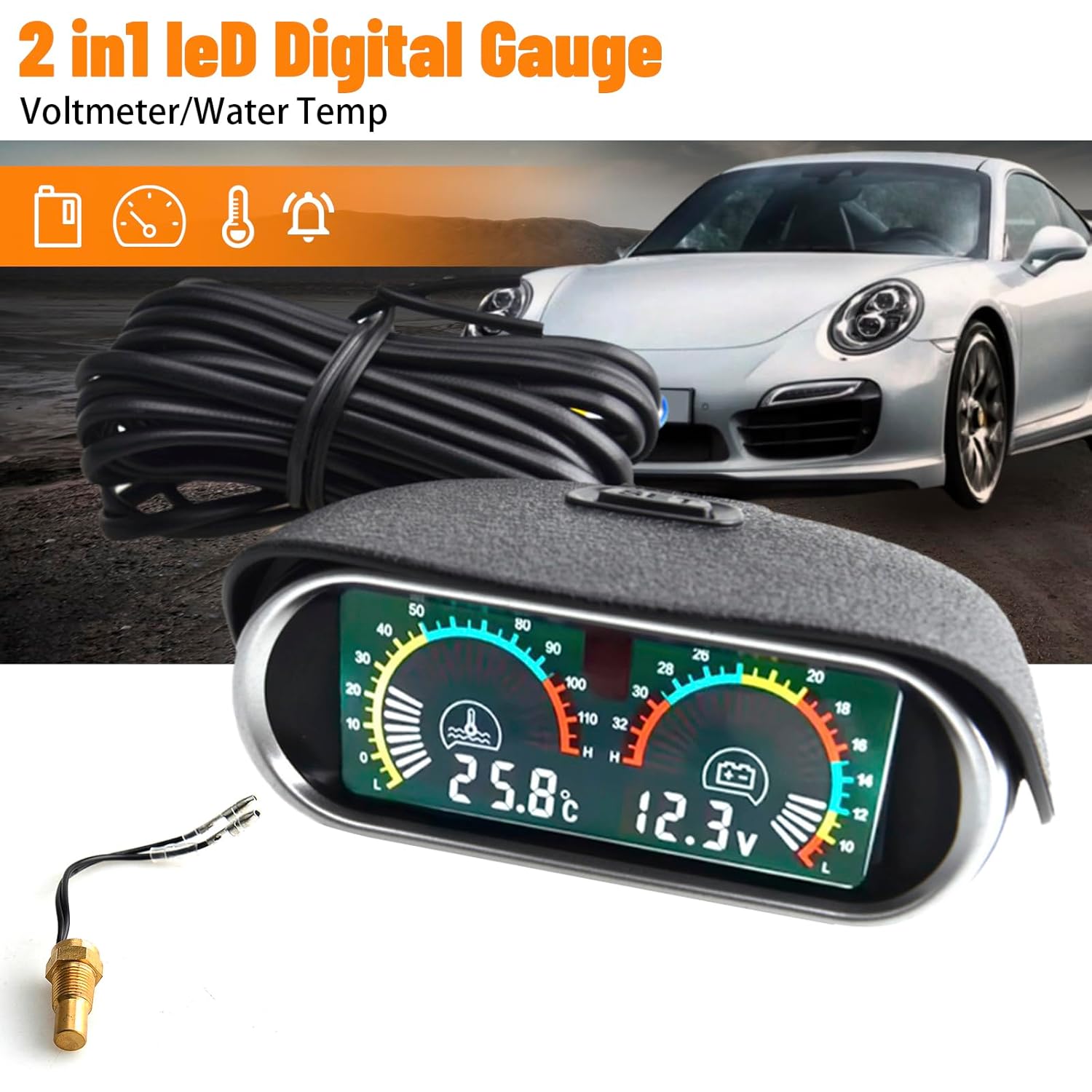 2-in-1 Auto Car LCD Meter Digital Voltage Water Temperature Fuel Gauge Universal Instrument 9-36V for Car Automotive with Joint Pipe Radiator Sensor Adaptor Blue 26MM
