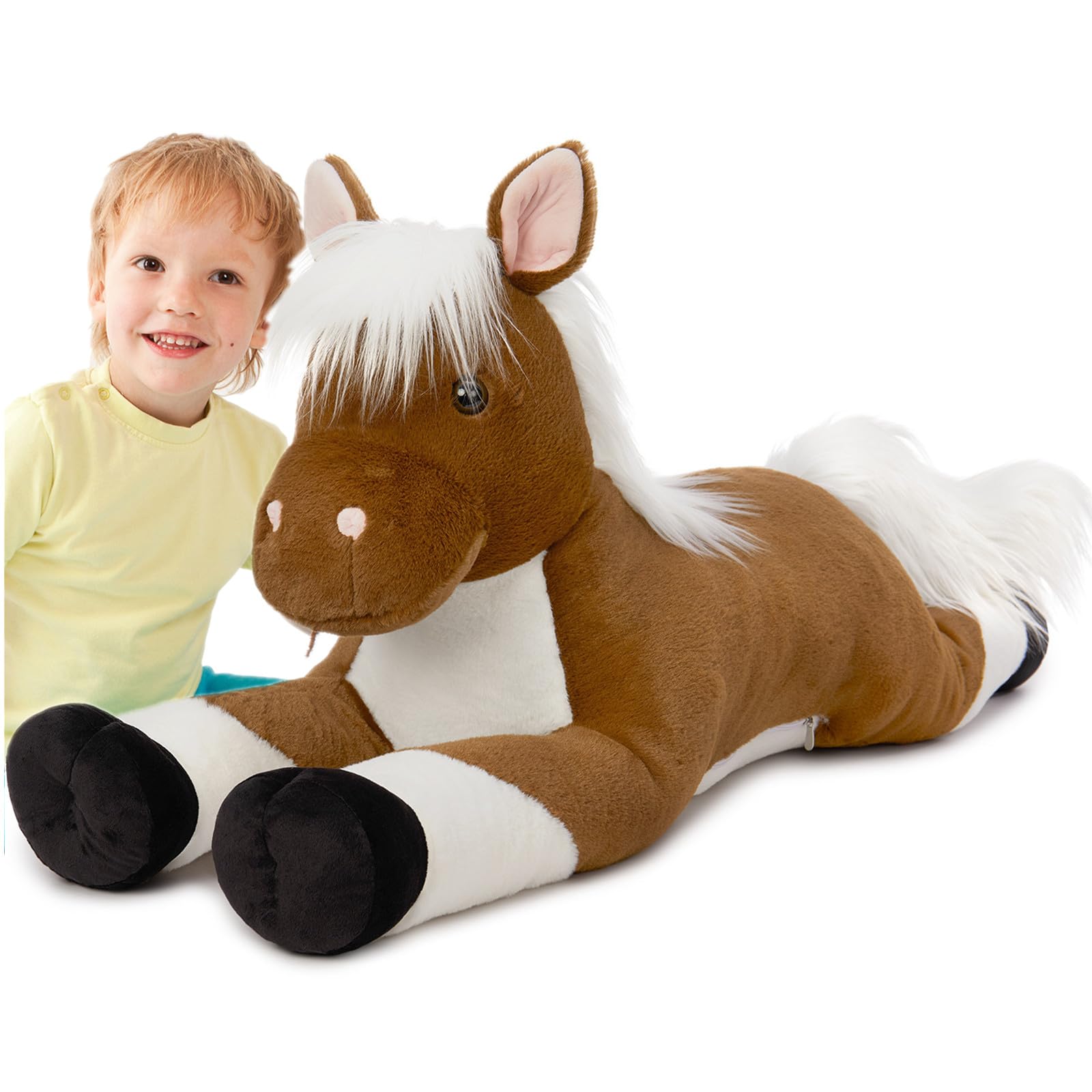 KERTA 43.3 Inch Giant Horse Stuffed Animals with Long Hair, Realistic Stuffed Horse Plush Toys for Riding, Hugging Brown Horse Plush Pillow for Boys Girls Christmas Birthday Decoration