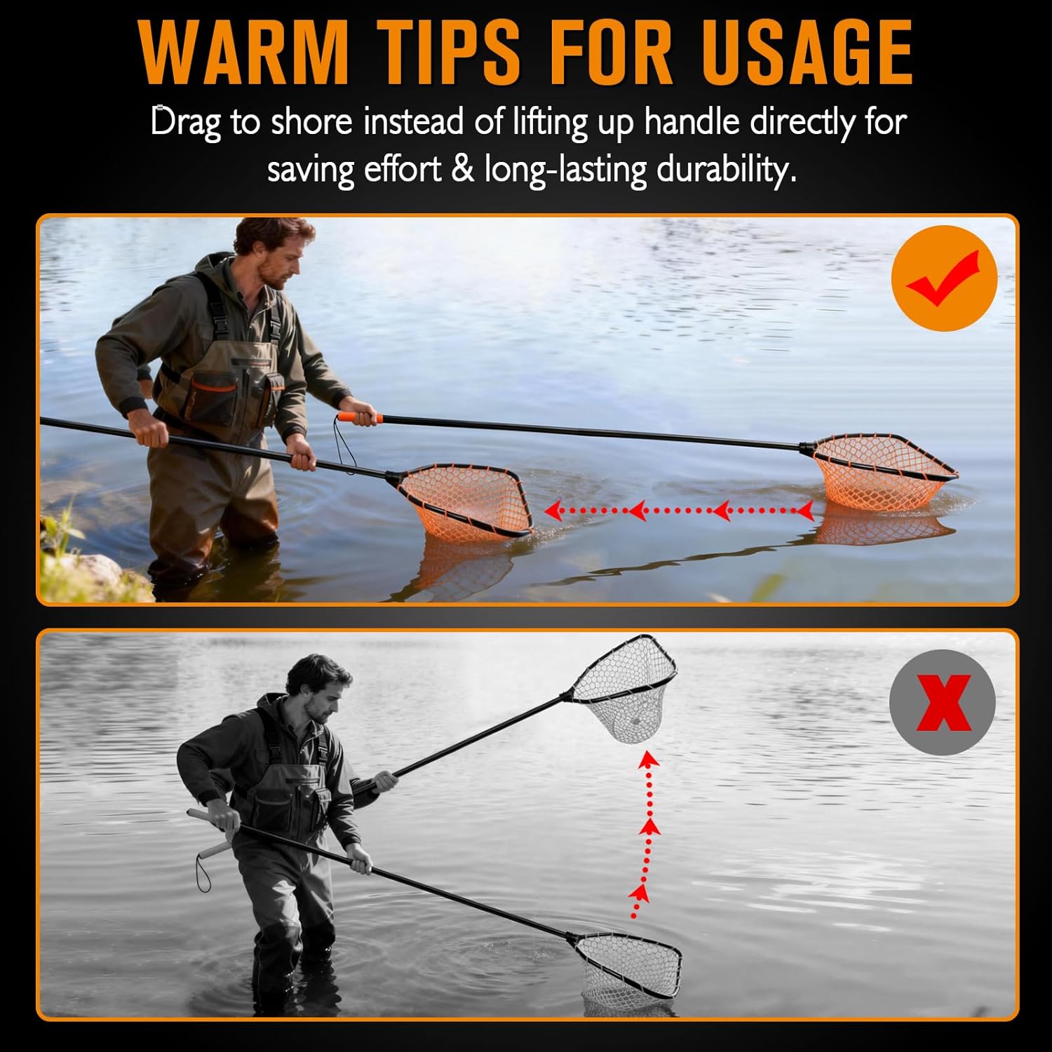 Dovesun Rubber Fishing Landing Nets Telescopic Handle Nets Folding Nets with Collapsible Handle for Catch & Release Fishing Gift 17.6" dia-13.7" Depth Black/Orange