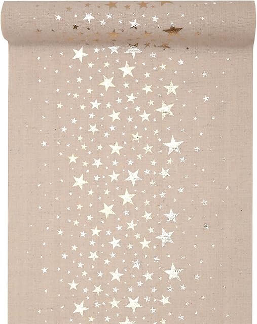 Table Runner, Natural with Metallic Stars, 28 cm x 3 m, Christmas Table Decoration