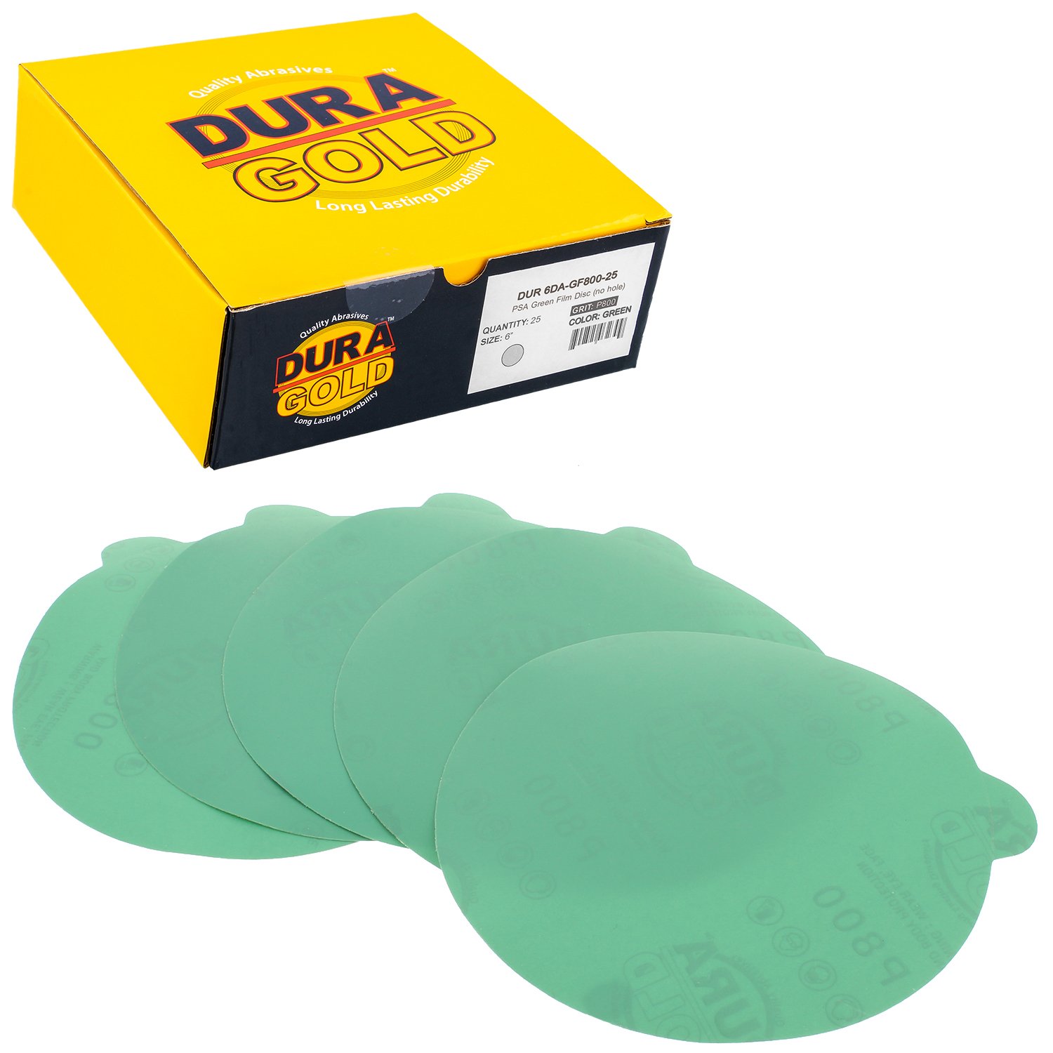 Dura-Gold Premium 6" Green Film PSA Sanding Discs - 800 Grit (Box of 25) - Self Adhesive Stickyback Sandpaper for DA Sander, Finishing Fine Cut