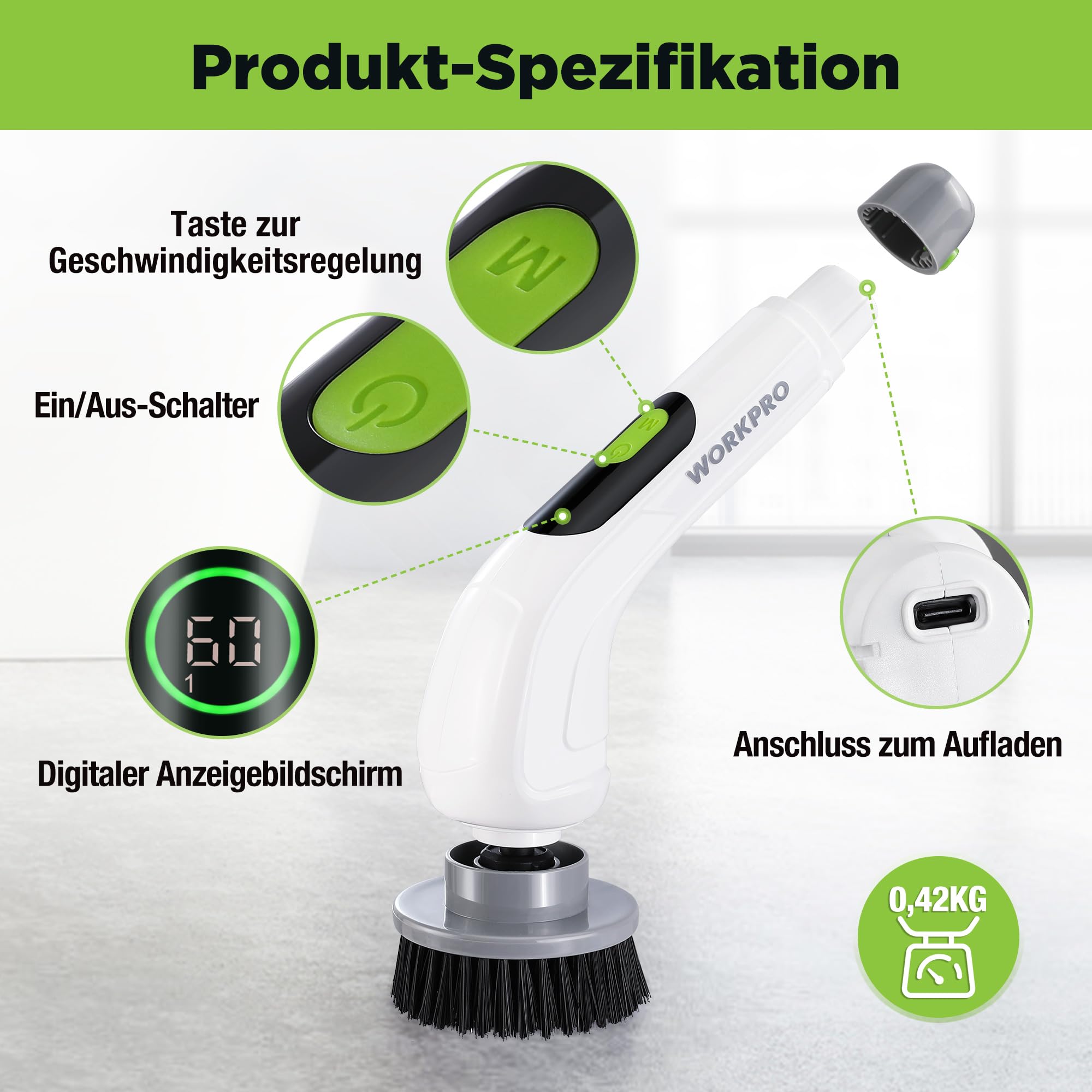 WORKPRO Elektrische Reinigungsbürste mit Leistungsanzeige, 8 IN 1 Spin Power Schrubber, Mit 8 Bohrköpfen & 30-120 cm Teleskopstange, Akku-Reinigungsbürste mit 3 Drehzahlstufen, Für Badezimmer, Küche