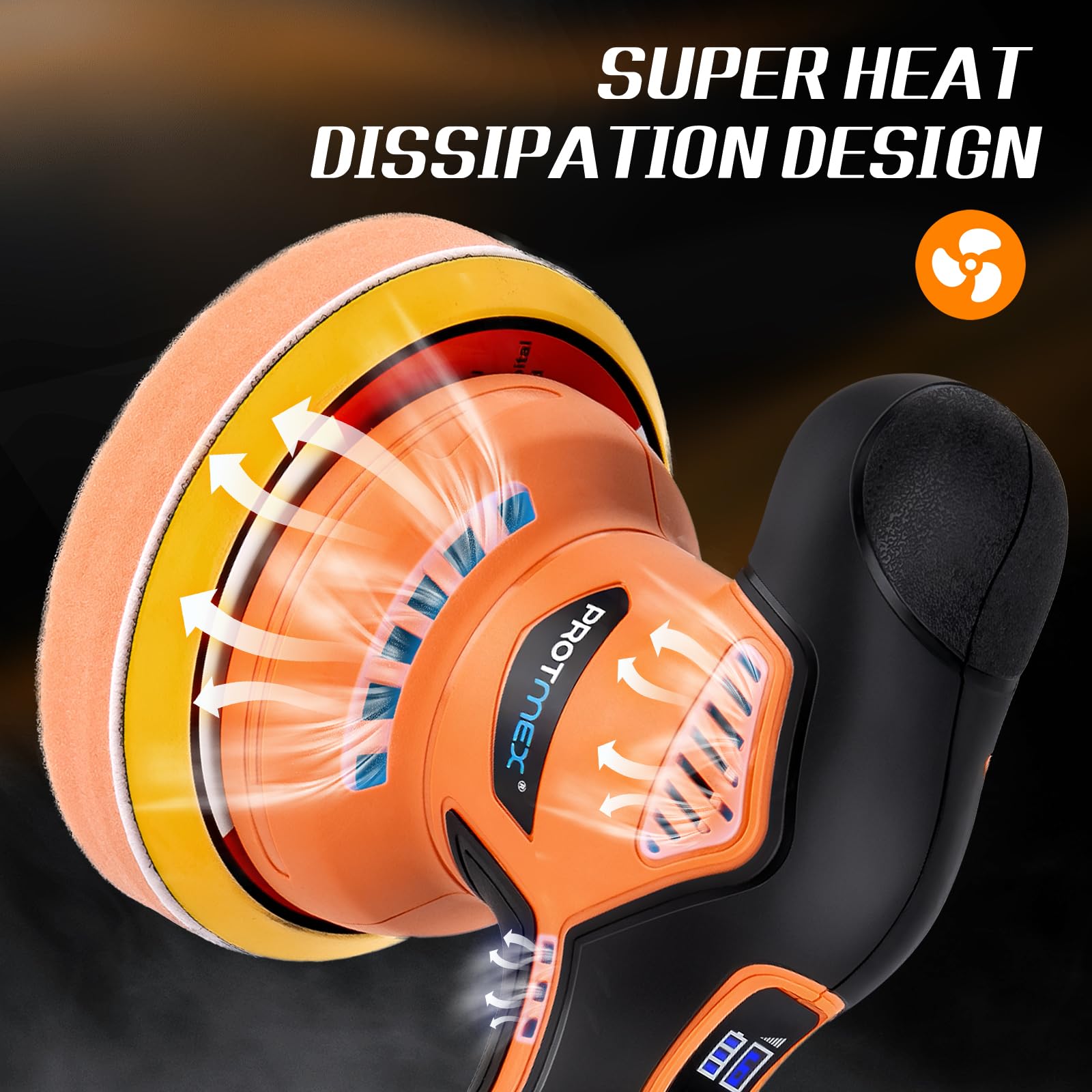 Protmex 6 Inch Car Buffer and Polisher, 6 Variable Speed, 2 x 21V 1.5Ah Batteries, Orange, Copper Motor, Includes 3 Sponge Pads, 2 Wool Discs, 6 Sandpaper, Car Care Polishing Waxing Scratch Removal