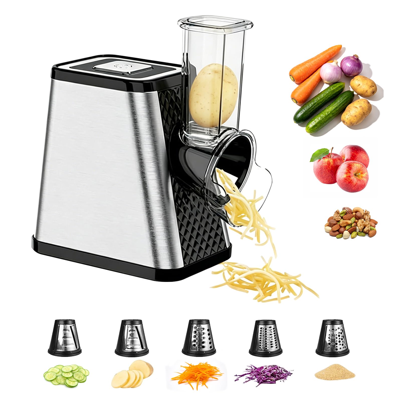 Cortador de Verdura, Cortador de Verduras Eléctrico 5 en 1 con 5 Cuchillas de Acero Inoxidable Rallador de Verduras Multifuncional de 800 W para Queso Duro Zanahorias Pepinos Patatas Repollo