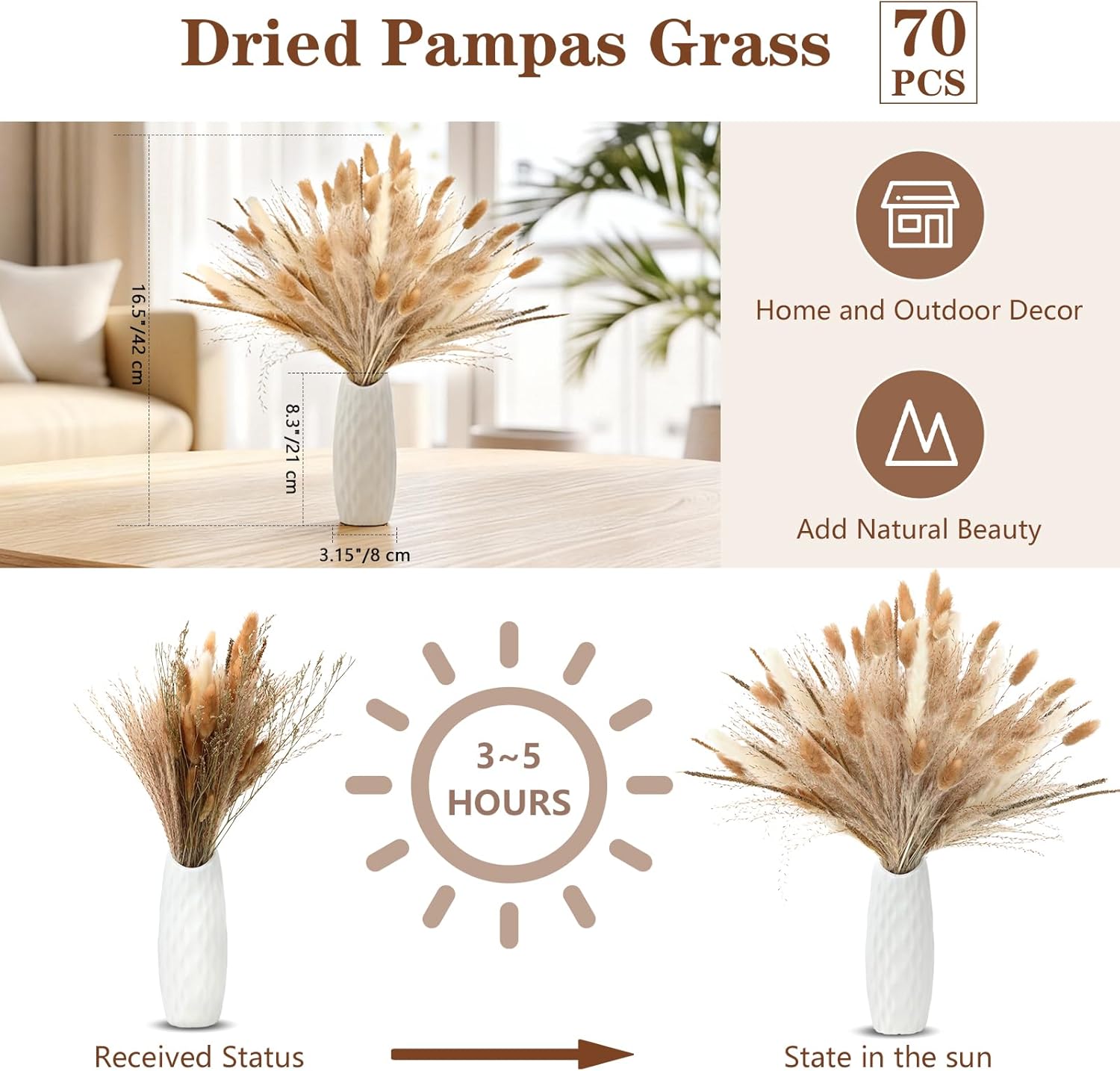 85 Pcs Boho Table Runner Set, Cheesecloth Table Runner, Round Wooden Candle Plate, 6 Cloth Napkins, 6 Wooden Bead Napkin Rings, 70 PCS Dried Pampas Grass Decor and White Vase for Kitchen Table Decor