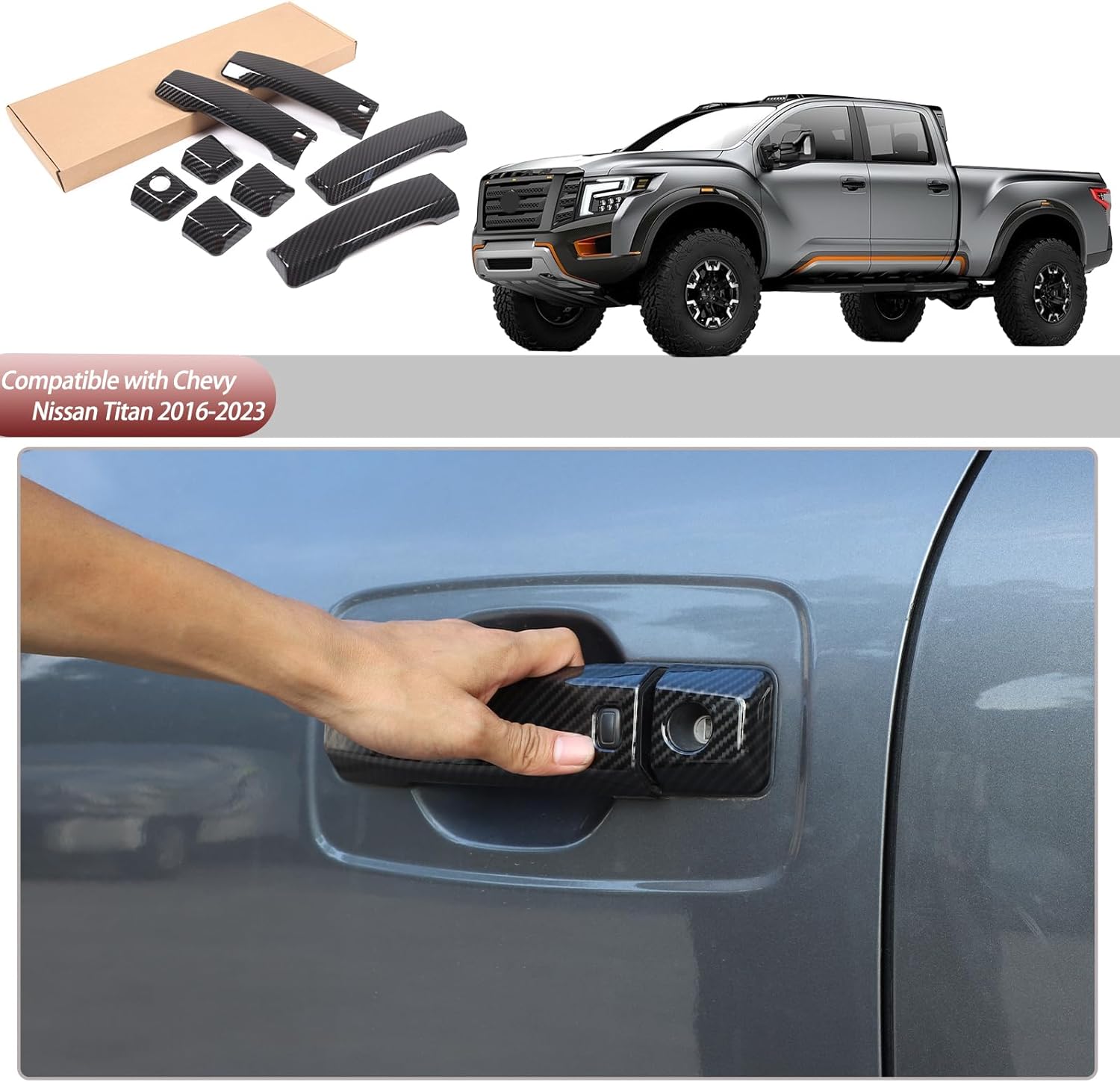 Exterior Door Handle Cover Compatible with Nissan Titan 2016-2023, Car Front Rear Outside Door Handle Outer Trim Cover Protector Decoration Covers Accessories (Carbon fiber pattern-four doors)