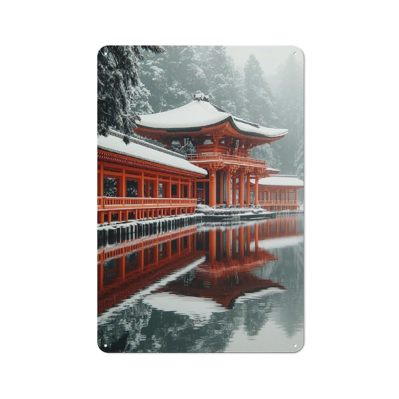 Junmoney Style-3 Tin Wall Plaque 30X20cm With Japanese Temple In Winter For Hallway Wall, Suited To Hallway Decor Lovers, For Retro Home Interiors