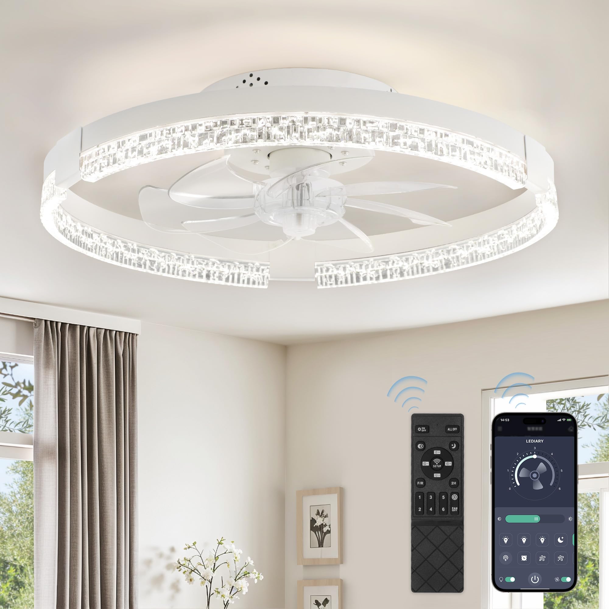 lediary flush mount ceiling fan with lights and remote, 19.7'' low profile, 3000-6000k dimmable fandelier, 6 wind speeds, white modern led fan light for bedroom