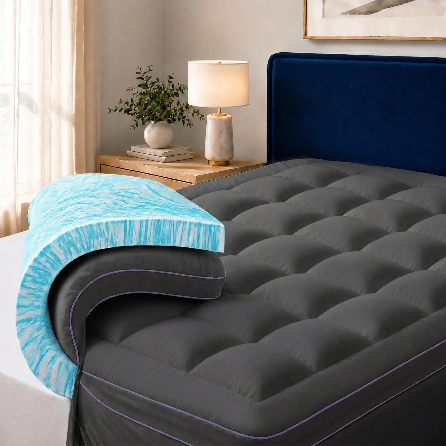 ABENE 3 Inch Memory Foam Mattress Topper, 2 Inch Memory Foam Plus 1 Inch Down Alternative Pillowtop Mattress Pad, with Bedside Pocket, Support for Back Pain (Full, Gray Dual Layer)-image-46
