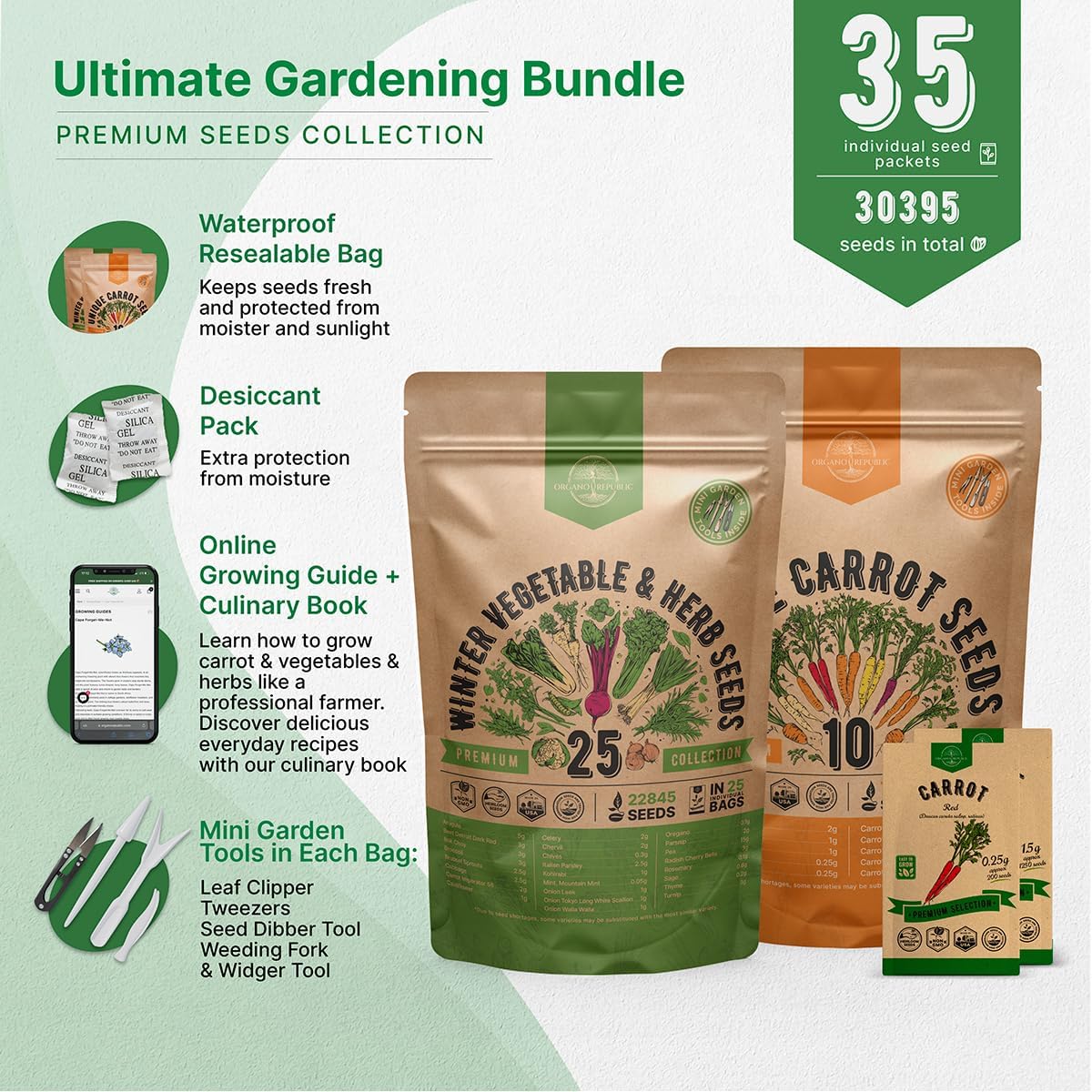 Organo Republic 25 Winter Vegetable & Herb and 10 Carrot Seeds Variety Pack Bundle, 30,300+ Non-GMO Heirloom Garden Seeds for Planting Vegetables for Indoor & Outdoor Gardening
