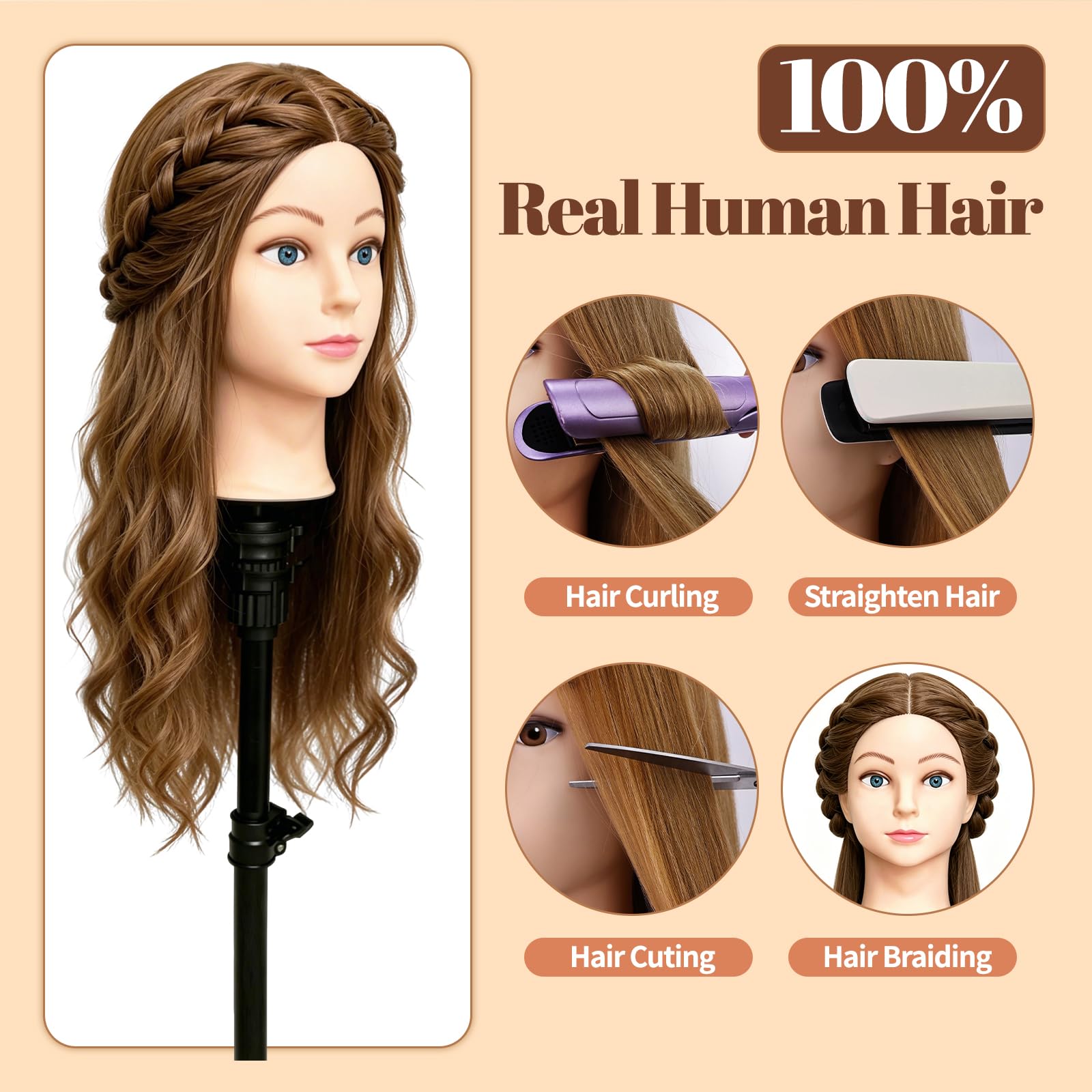 Yofuly 20Zoll/50cm Frisierkopf, 100% Echthaar Übungskopf, Frisieren Trainingsköpfe Puppenkopf Friseur Mannequinkopf mit Tischklemme + DIY-Zopfset (Braun)