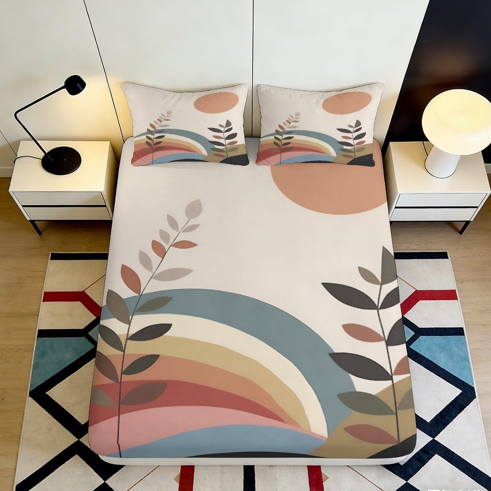 3D Printed Abstract Rainbow Fitted Sheet Microfiber Soft Durable Geometric Bed Cover for Bedroom Dormitory Guest Room Mattress Protection 140x200x25cm