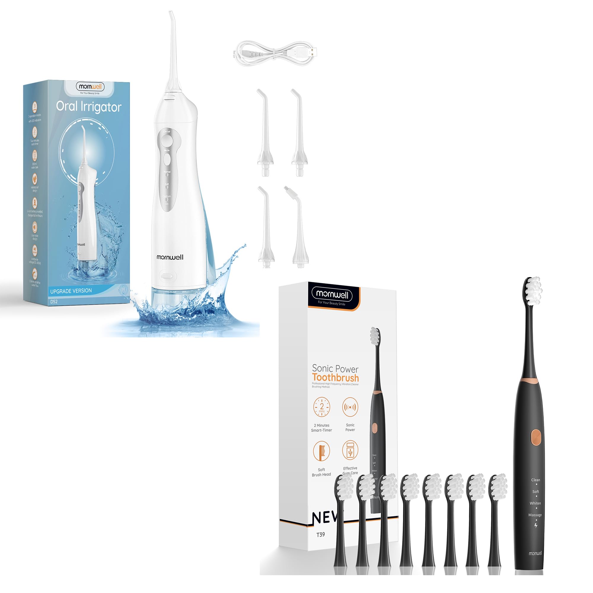 mornwellWater Dental Flosser Teeth Pick for Teeth and Sonic Electric Toothbrushes