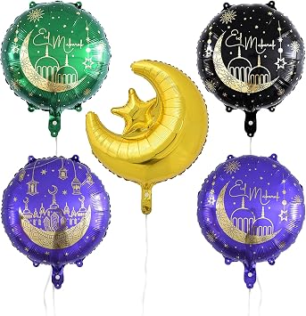 Totelux Eid Mubarak Balloons Moon Star Foil Balloons 18 Round Ramadan Aluminum Balloons for Muslim Holiday Eid Party Decorations Supplies Gold Purple Green Black