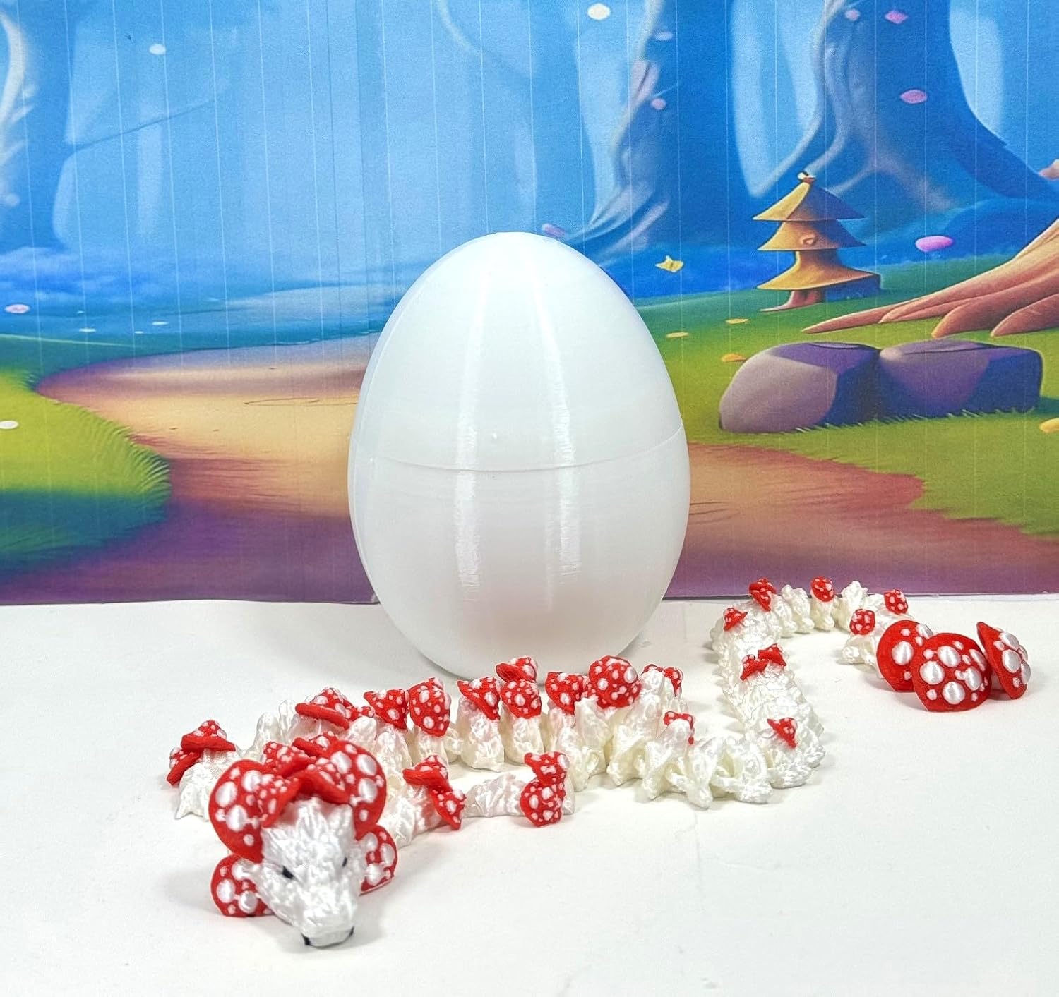3D Printed Mushroom Dragon, Articulated 12" White and RED Dragon with Egg, Fidget Toy, Executive Desk Toy D036-CLS