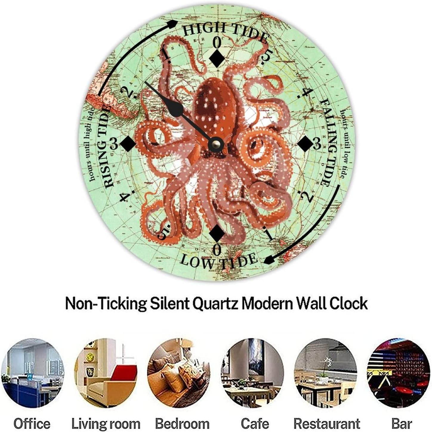 Retro Ocean Octopus Tide Clock Silent Non-Ticking Battery Operated Wooden Moon Tidal Clock Wood Wall Art Nautical Tide Movement Clock for Restaurant Living Room Home Decor 15 Inch