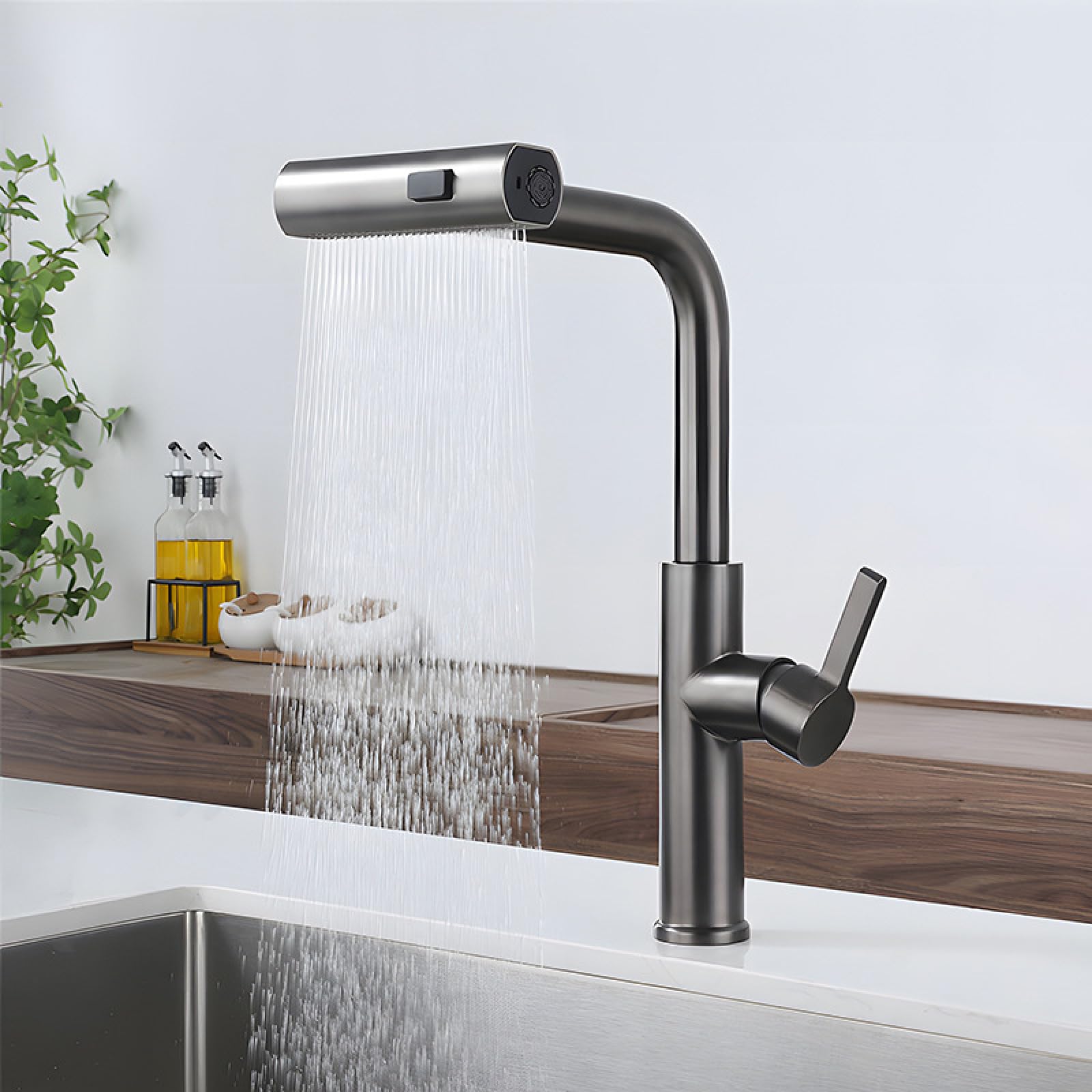 Fanjubei Gunpowder Gray Kitchen Draw-Out Waterfall Hot And Cold Faucet,