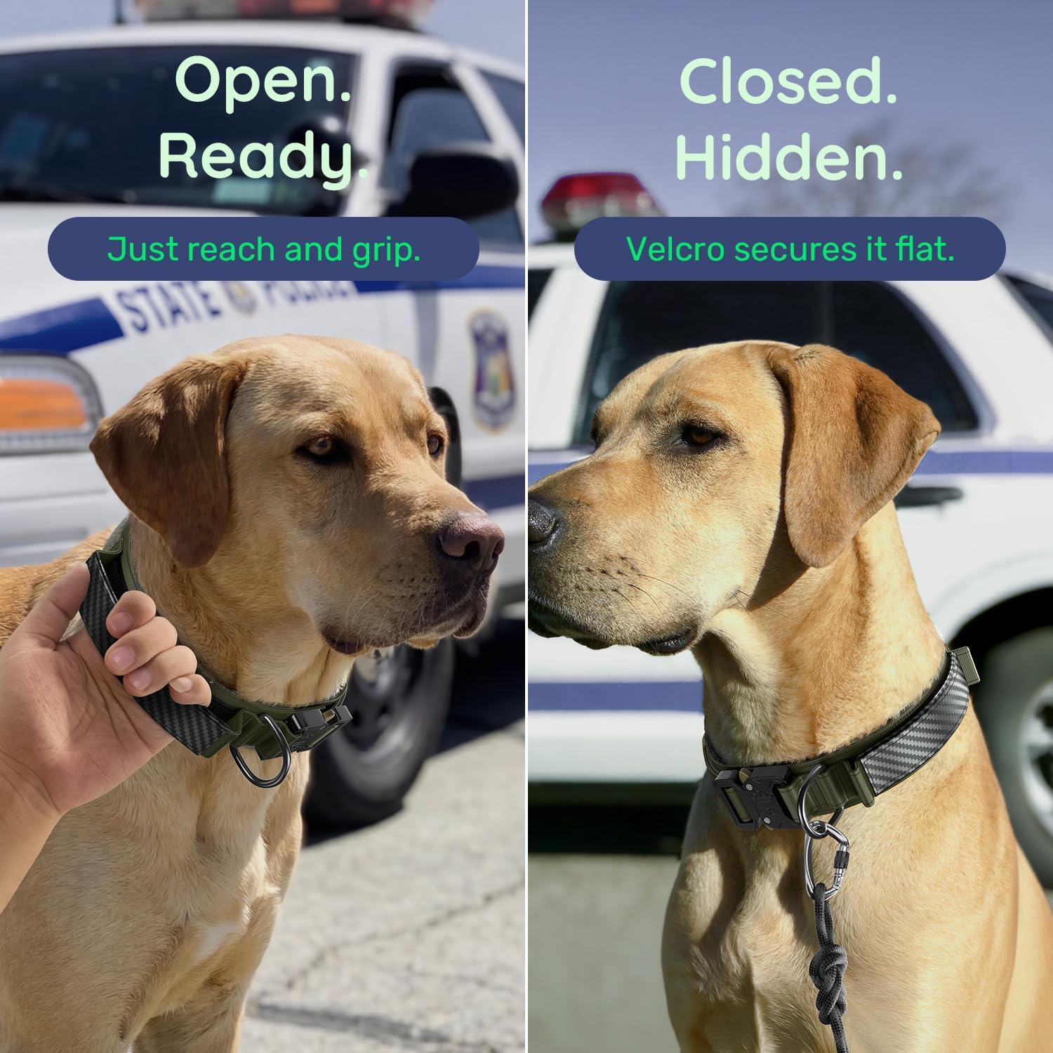 WhoseID Premium Tactical Dog Collar - Adjustable Military Heavy Duty Dog Collar for Medium Large Dogs - Durable Metal Buckle Dog Collar with Leather Control Handle and Soft Comfortable Padding