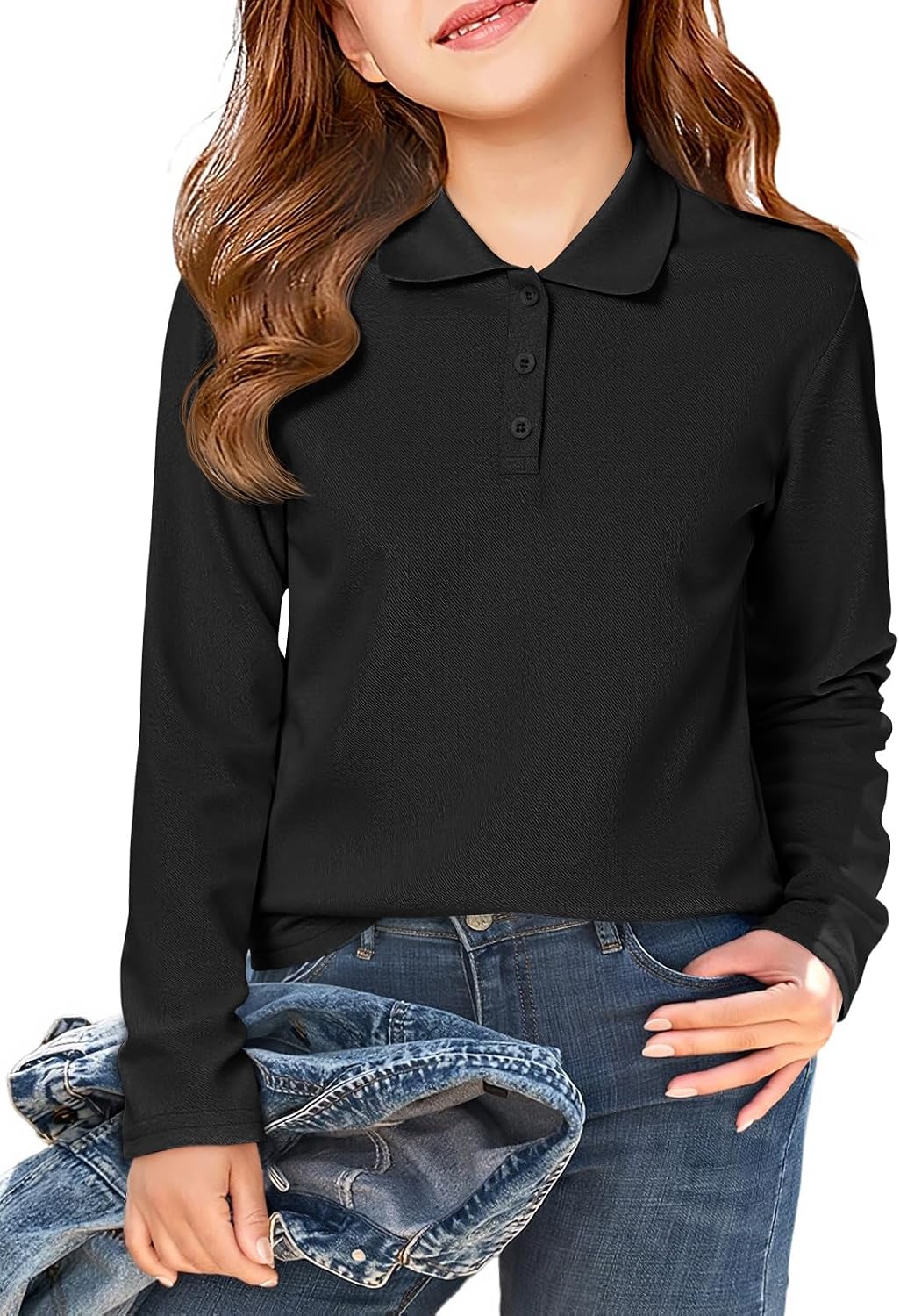 Haloumoning Girls School Uniform Long Sleeve Polo Shirt Kids Golf Pique Polo Shirts 5-14 Years